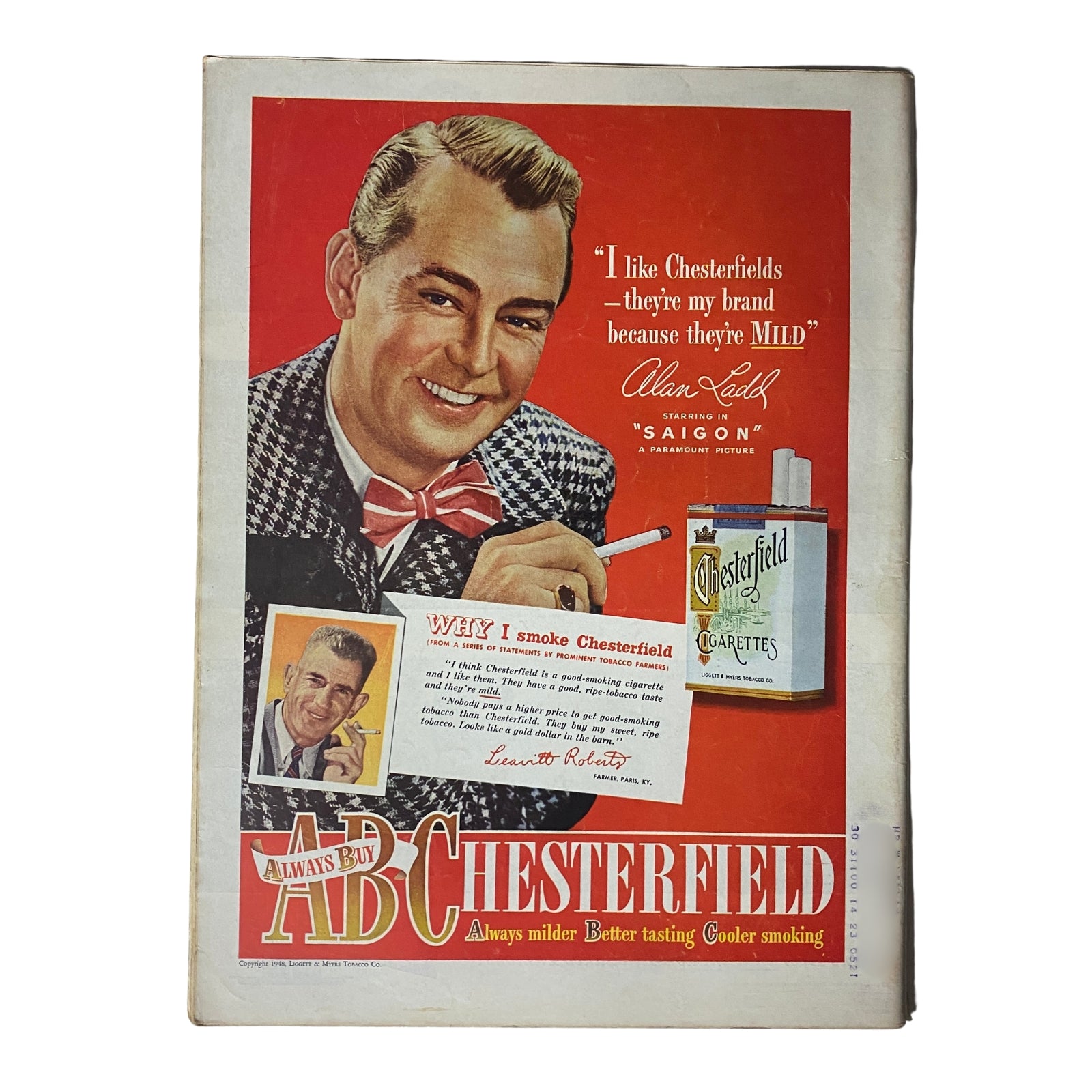Vintage advertisement for Chesterfield cigarettes featuring actor Alan Ladd, promoting the brand with the slogan 'They’re my brand because they're MILD.' from Time Magazine dated June 14, 1948.