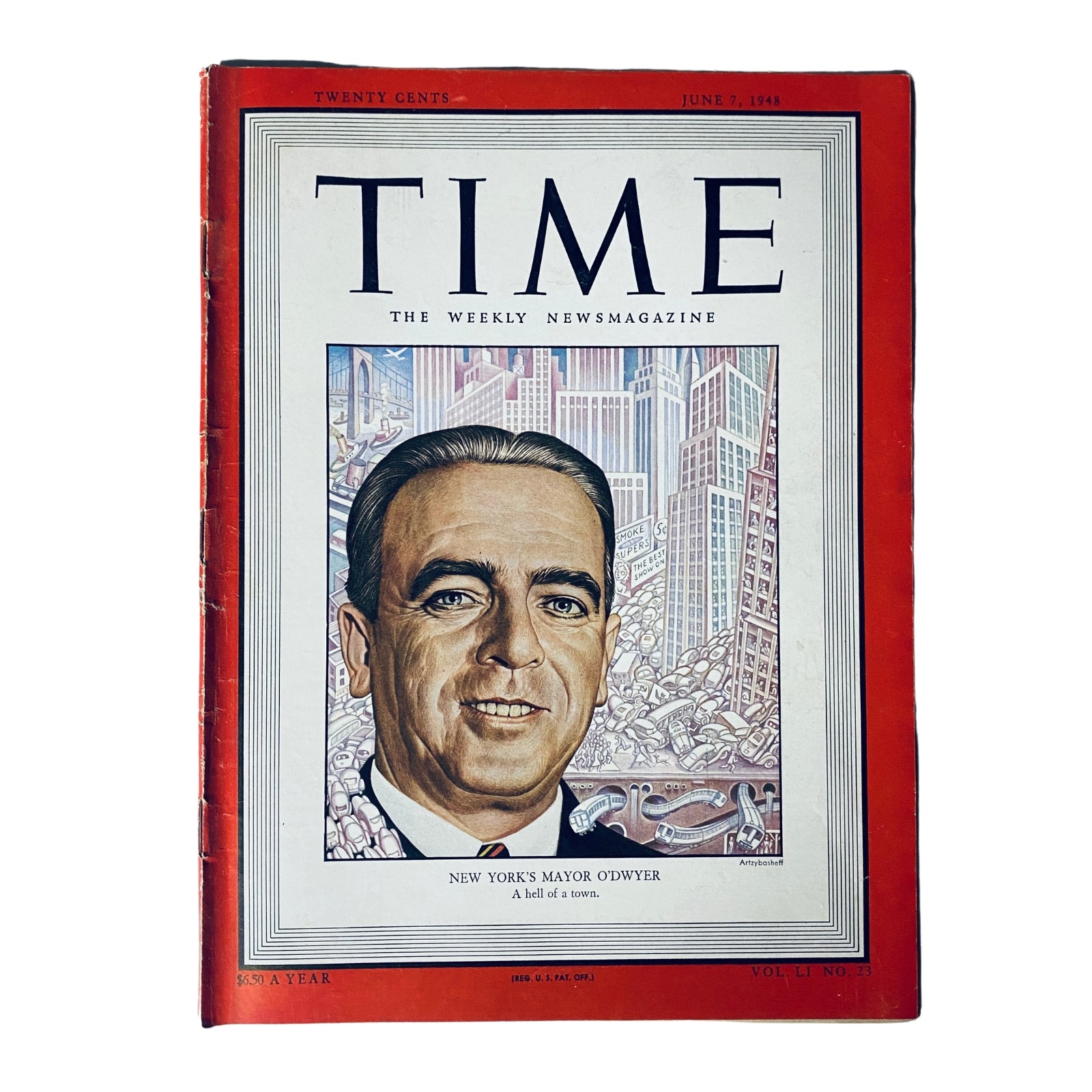 Vintage Time Magazine cover from June 7, 1948, featuring New York's Mayor William O'Dwyer, showcasing urban themes and political relevance.