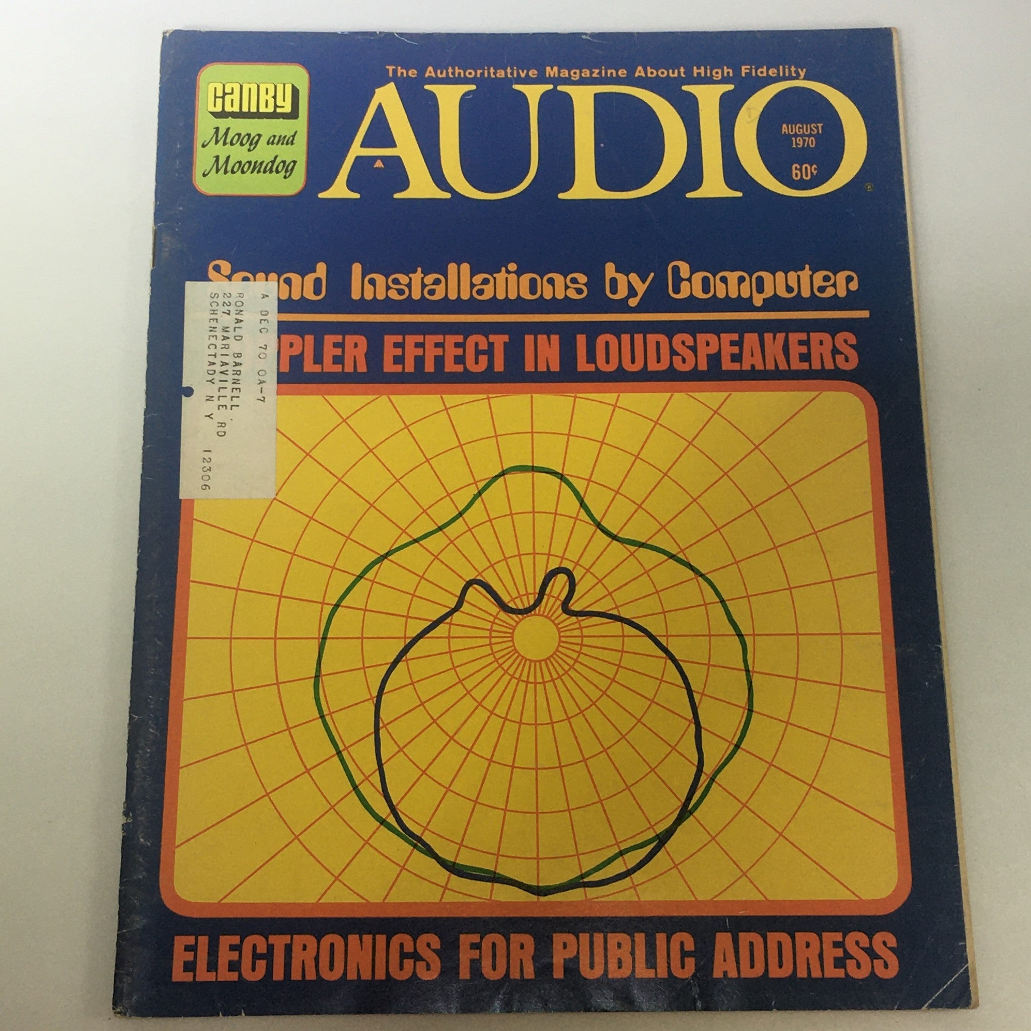 Vintage Audio & Music Magazine from August 1970, featuring an article about sound installations by computer, with colorful cover art and a focus on the Doppler effect in loudspeakers.
