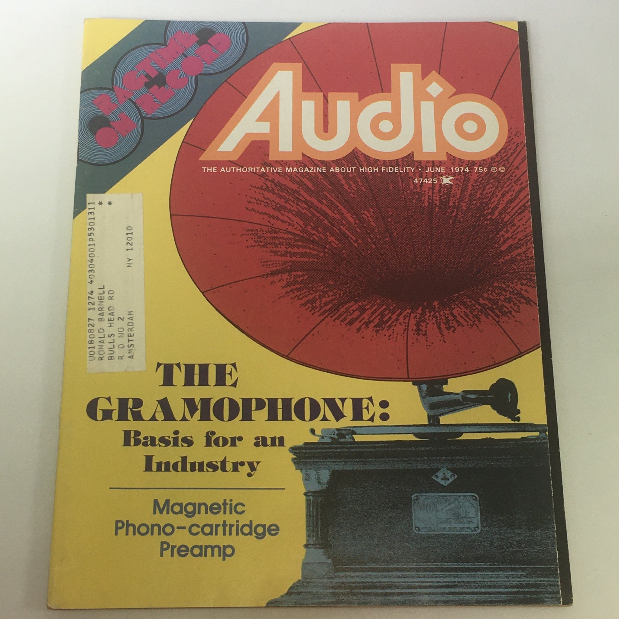 Cover of the June 1974 Audio & Music Magazine titled 'The Gramophone: Basis for an Industry', featuring an illustration of a gramophone and the headline about magnetic phono-cartridge preamps.