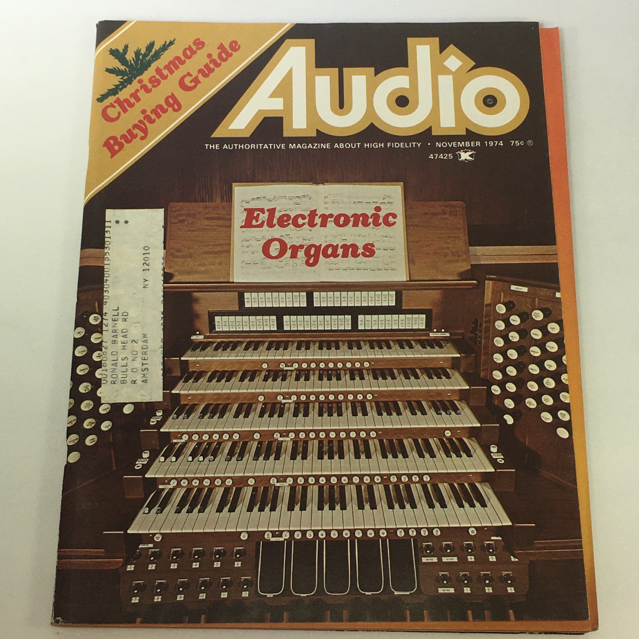 Cover of VTG Audio & Music Magazine from November 1974 featuring Electronic Organs, a Christmas Buying Guide on the top. The magazine showcases a vintage wooden electronic organ with detailed keys and buttons.