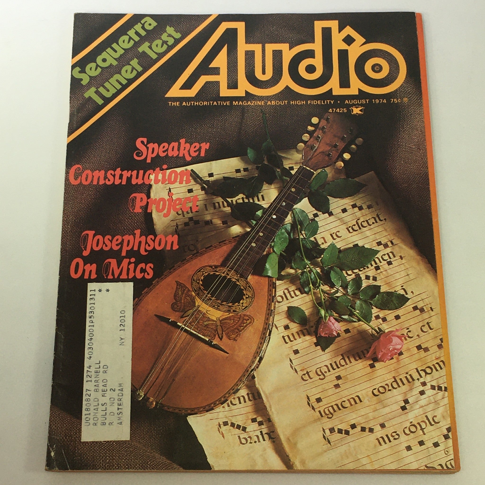 Cover of VTG Audio & Music Magazine August 1974 featuring a Speaker Construction Project, with a guitar, sheet music, and decorative flowers.