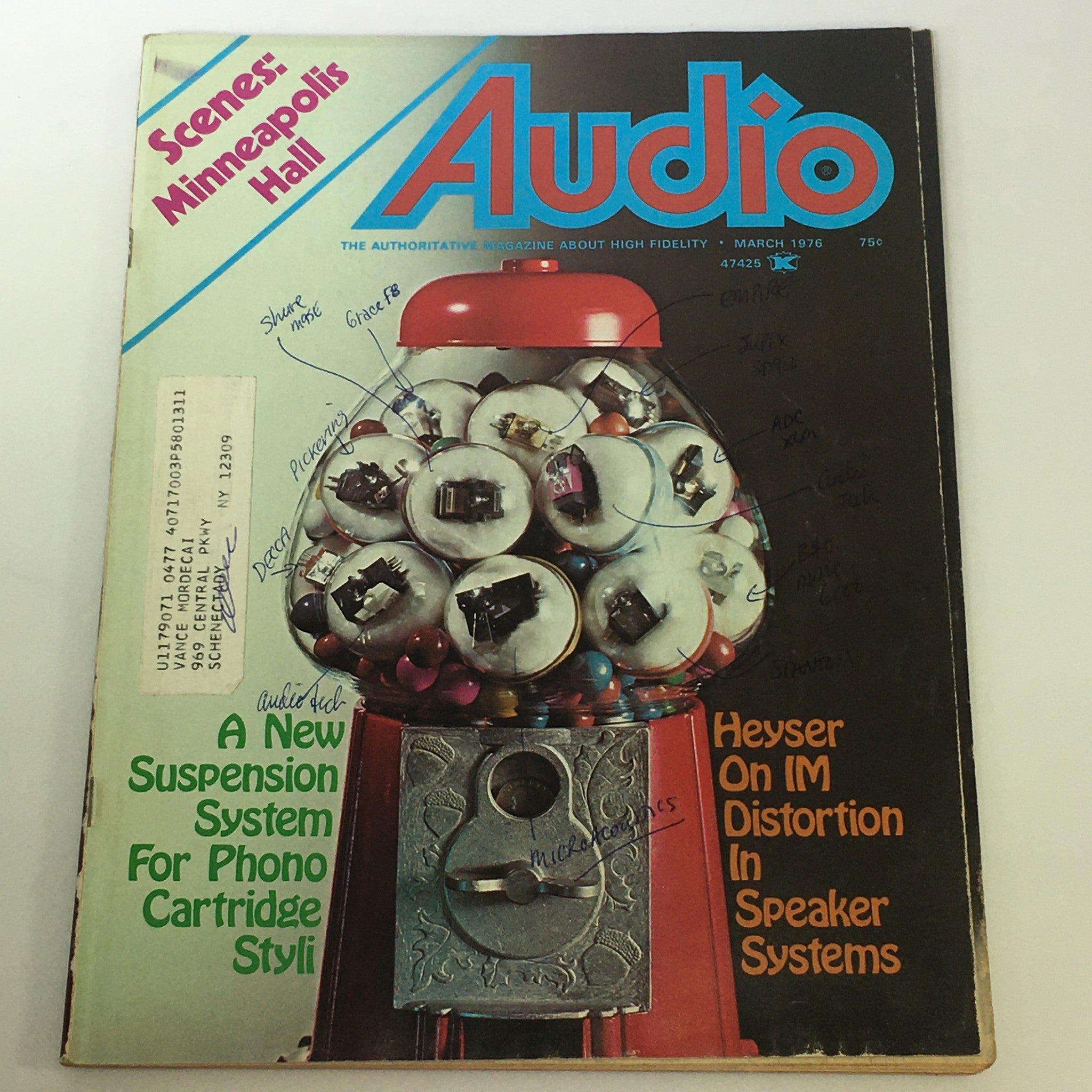 Cover of VTG Audio & Music Magazine March 1976 featuring an engaging design with a gumball machine and audio components, prominently displays 'Heyser On IM Distortion in Speaker Systems.'