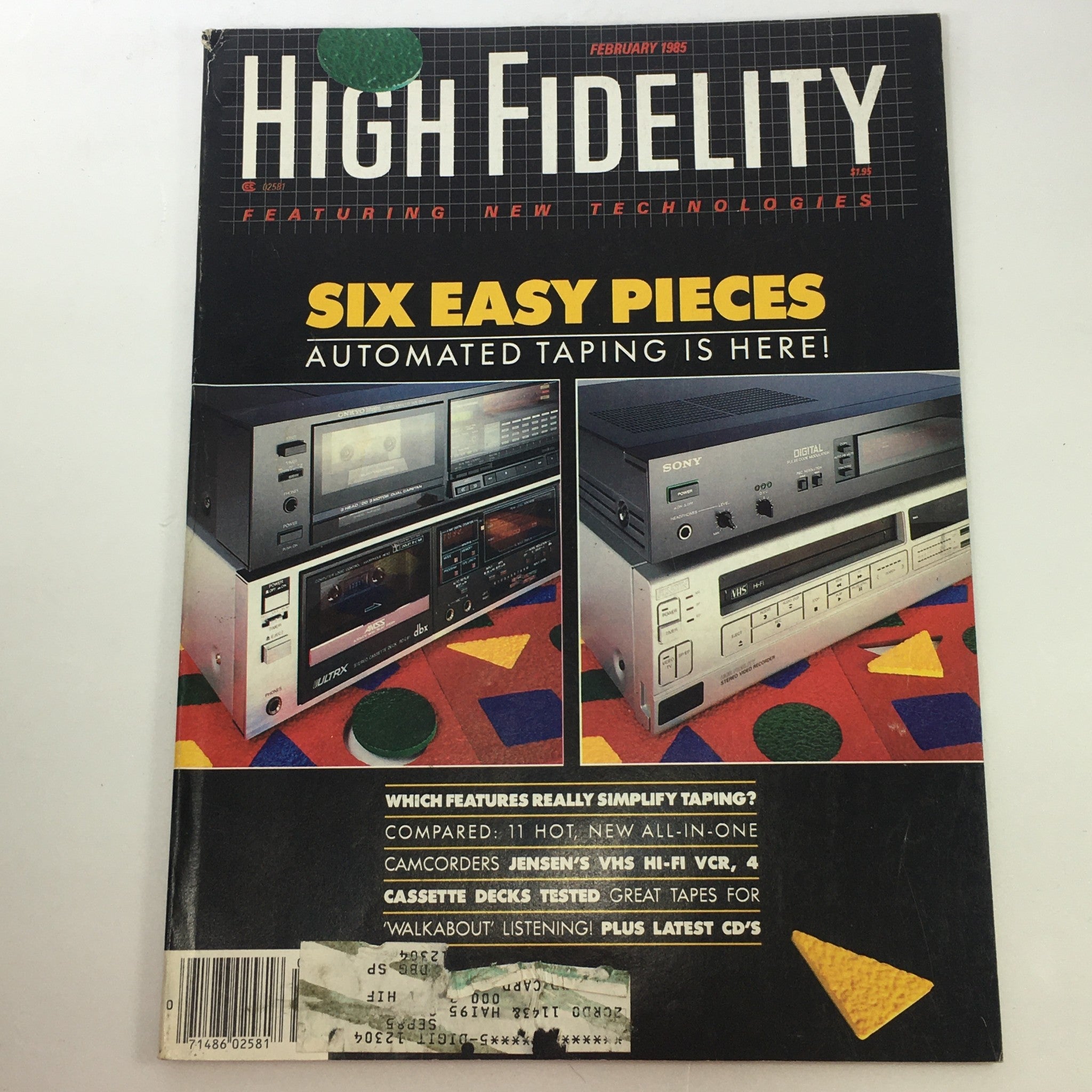 Cover of the VTG High Fidelity Music Magazine from February 1985 featuring the article '6 Easy Pieces: Automated Taping.' The cover showcases various audio equipment and technologies relevant to music recording.