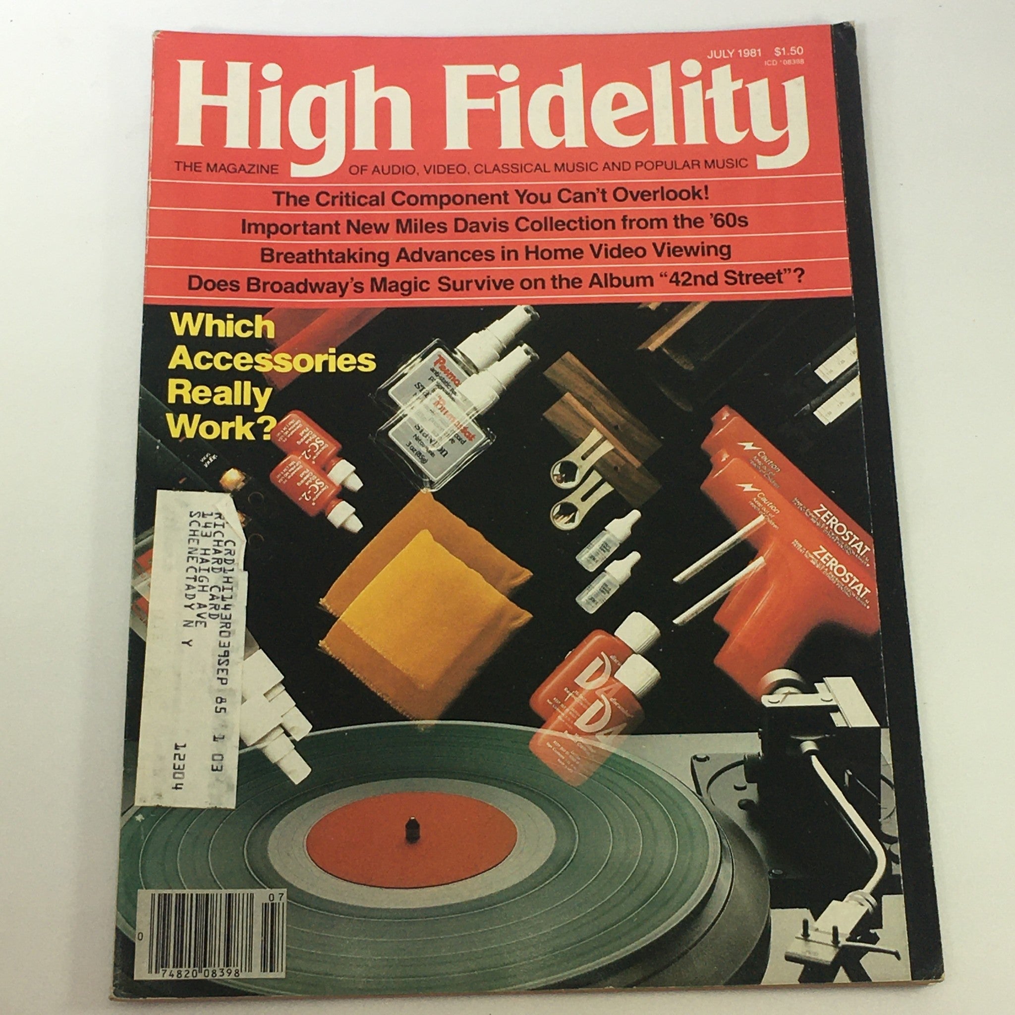 Cover of High Fidelity Music Magazine from July 1981 featuring the Miles Davis Collection from the 60s, showcasing music accessories and a vinyl record player.
