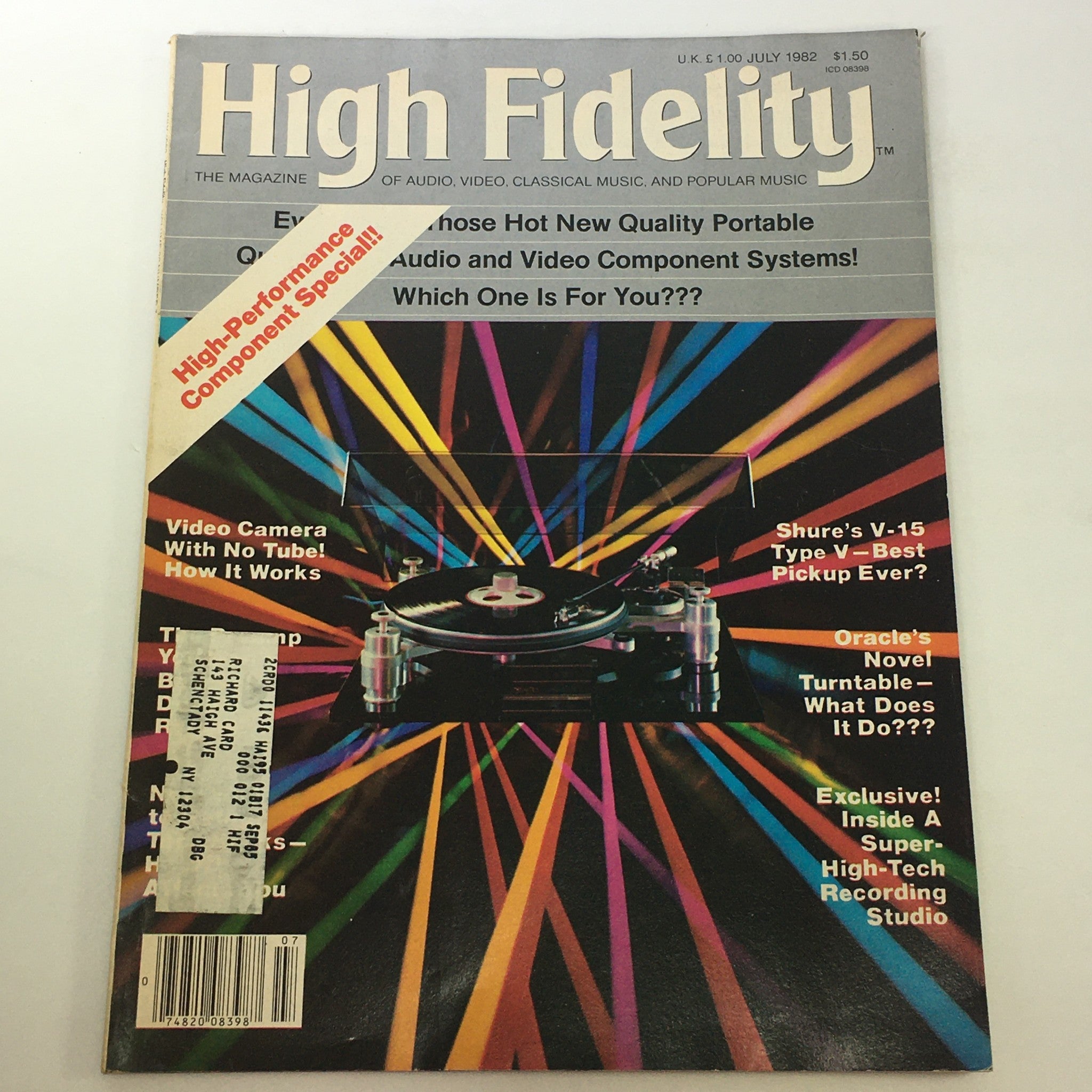 Cover of the VTG High Fidelity Music Magazine from July 1982 featuring vibrant graphics and a high-performance component special, highlighting topics like audio and video systems, vintage turntables, and music technology.