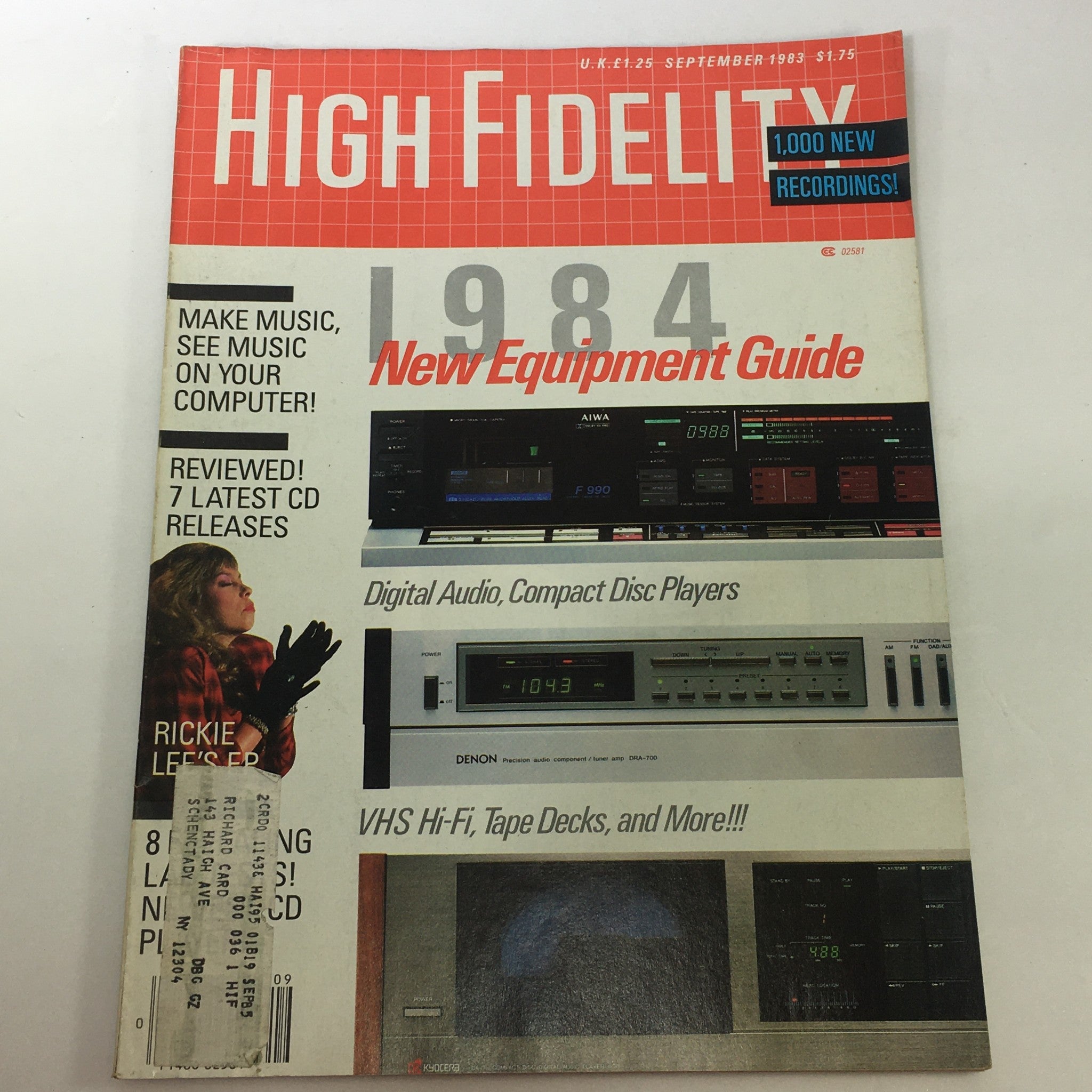 Vintage High Fidelity Music Magazine from September 1983 featuring the 1984 Equipment Guide, showcasing digital audio devices, compact disc players, and classic hi-fi gear with a prominent red and white cover.