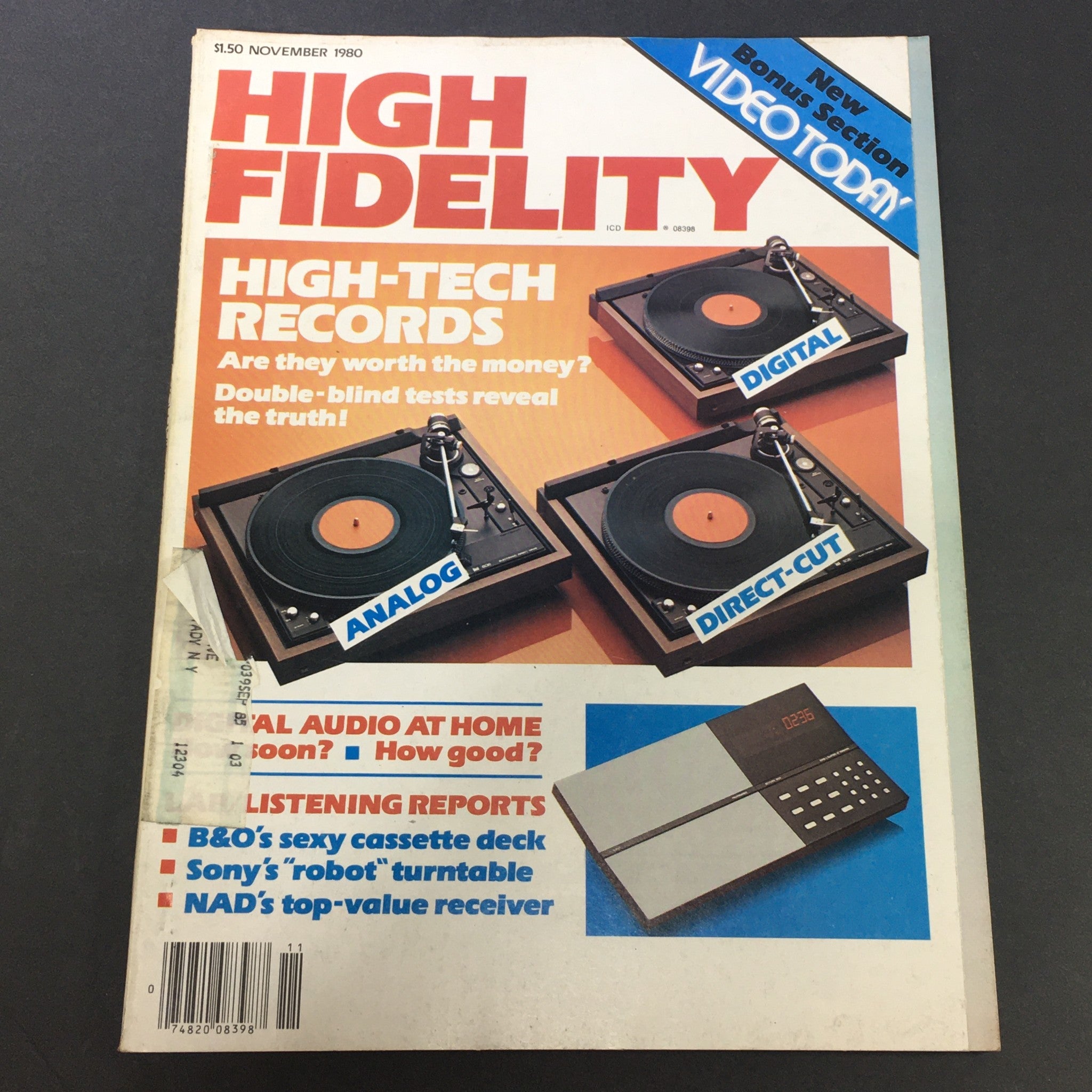 Cover of the VTG High Fidelity Music Magazine from November 1980, featuring the title and highlights about high-tech records and audio equipment. The cover displays features on B&O's sexy cassette deck, analog, digital, and direct-cut turntables, along with a vintage aesthetic.