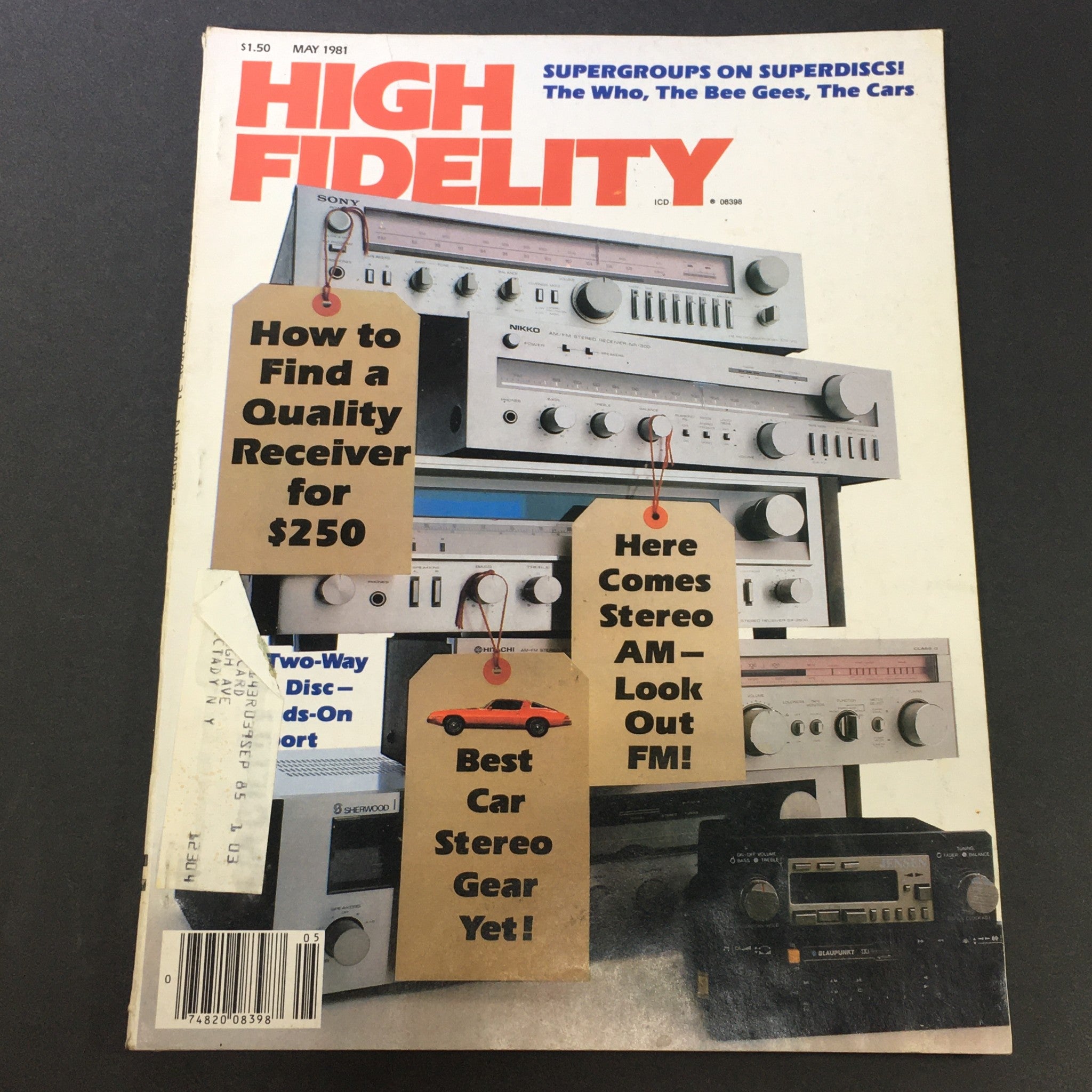 High Fidelity Music Magazine from May 1981 featuring The Who, The Bee Gees, and The Cars on the cover, showcasing stereo equipment advertisements with tags highlighting features such as quality receivers and car stereo gear.
