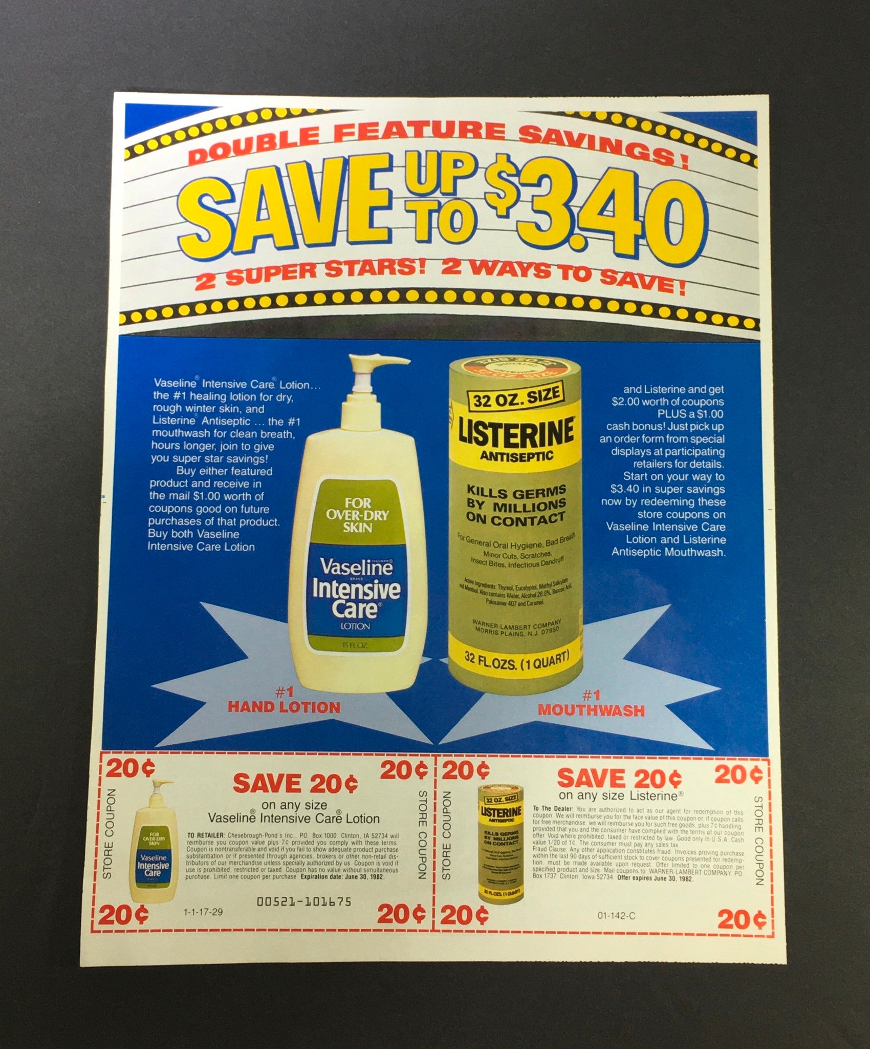 VTG 1982 Vaseline Intensive Care Lotion & Listerine Antiseptic Print Ad Coupon