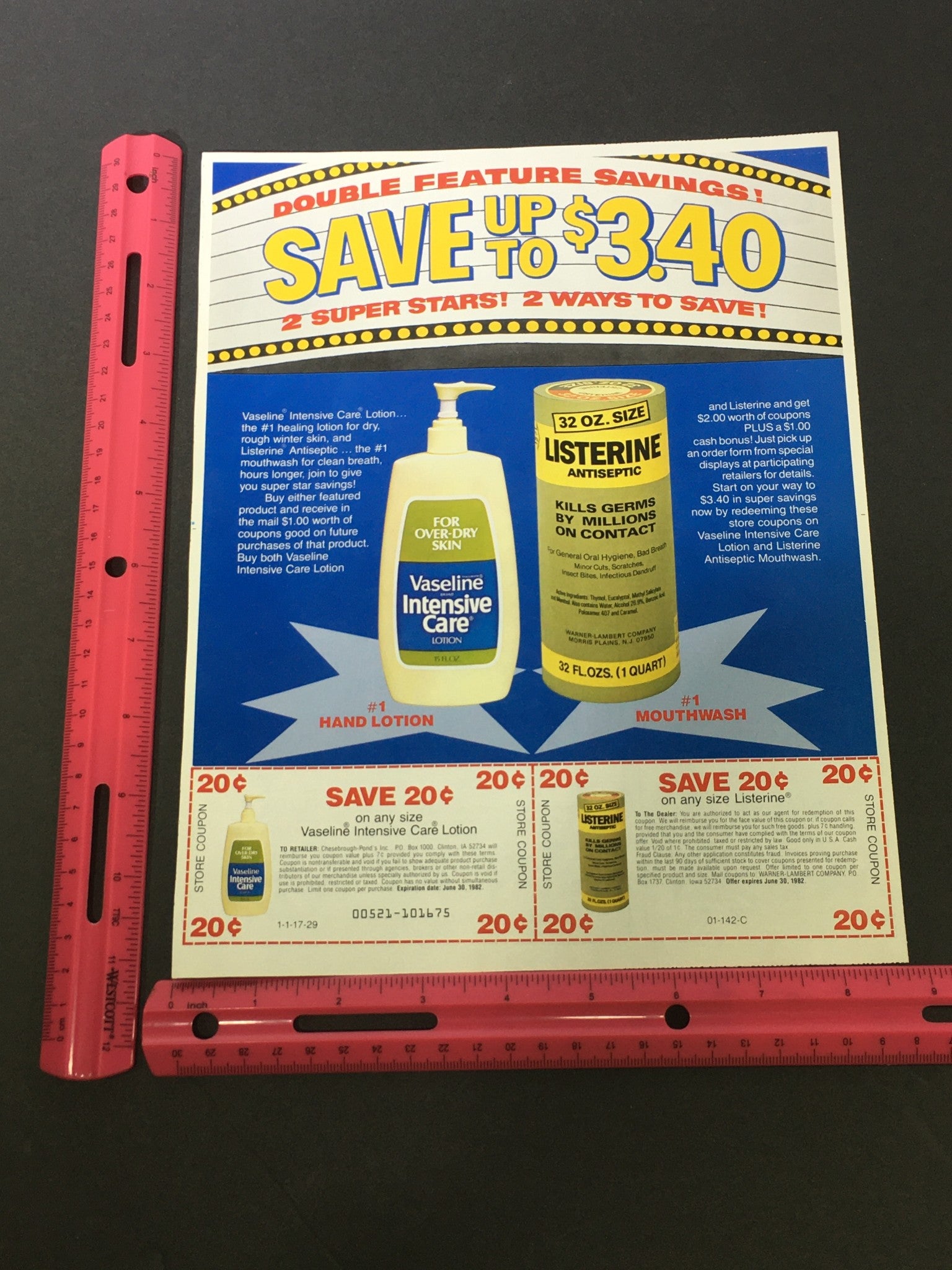 VTG 1982 Vaseline Intensive Care Lotion & Listerine Antiseptic Print Ad Coupon
