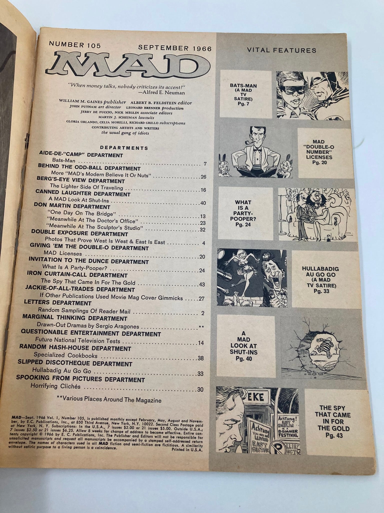 Mad Magazine September 1966 No. 105 Batman and Alfred Robin Good GD 2.0