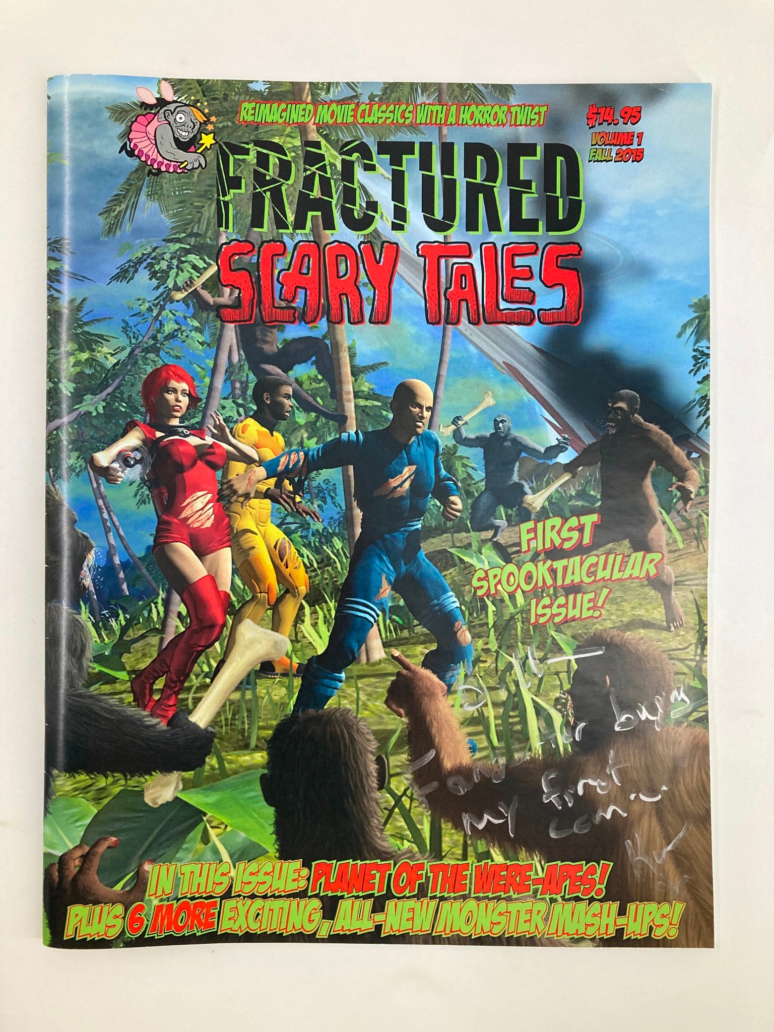 Fractured Scary Tales Vol. 1 Fall 2015 magazine cover featuring vibrant illustrations and characters from the story Planet of the Were-Apes, showcasing the whimsical blend of horror and adventure.