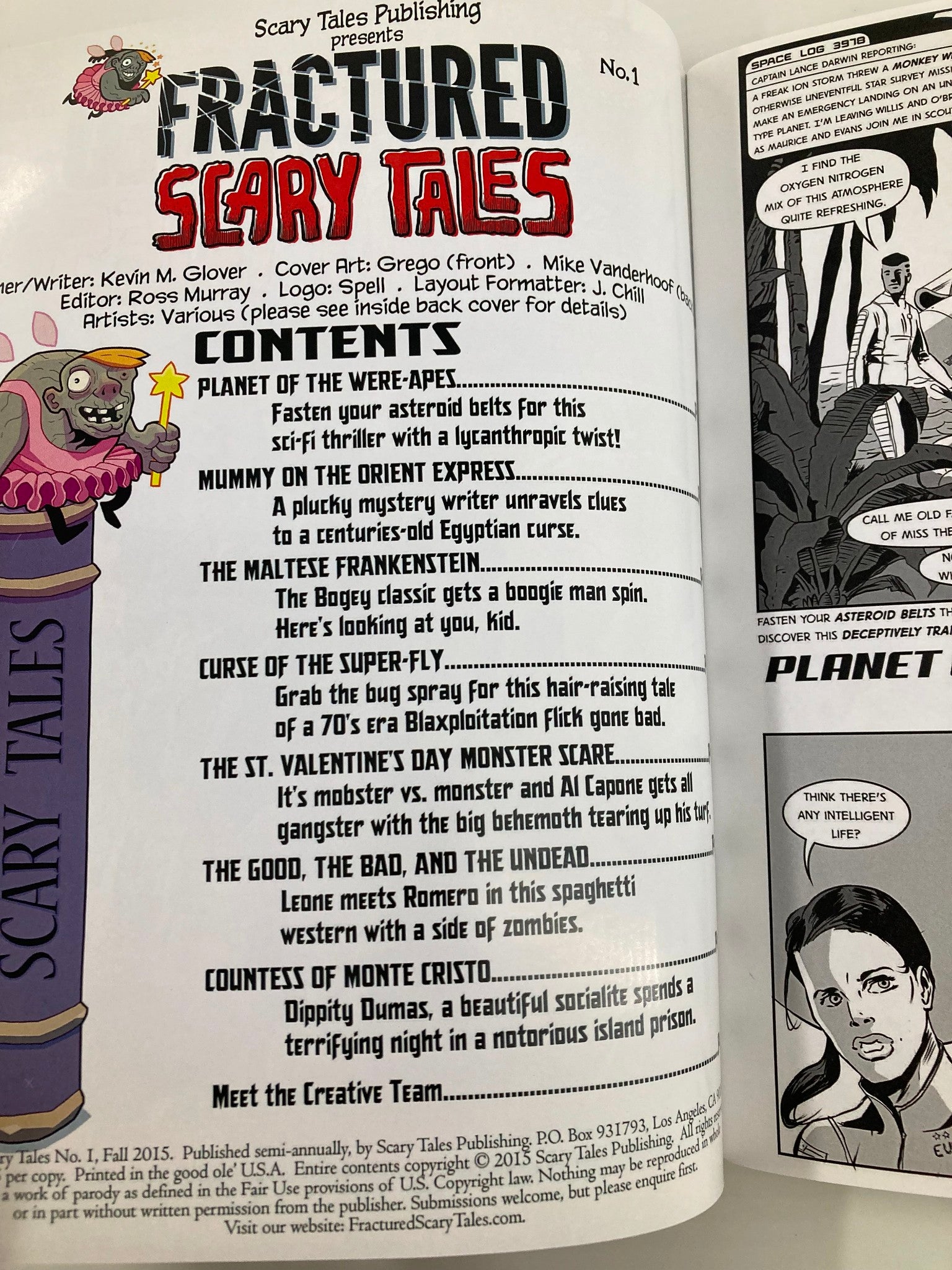 Interior page of Fractured Scary Tales Vol. 1 Fall 2015 showcasing the table of contents with titles of various stories including Planet of the Were-Apes, highlighting its unique themes and horror narratives.