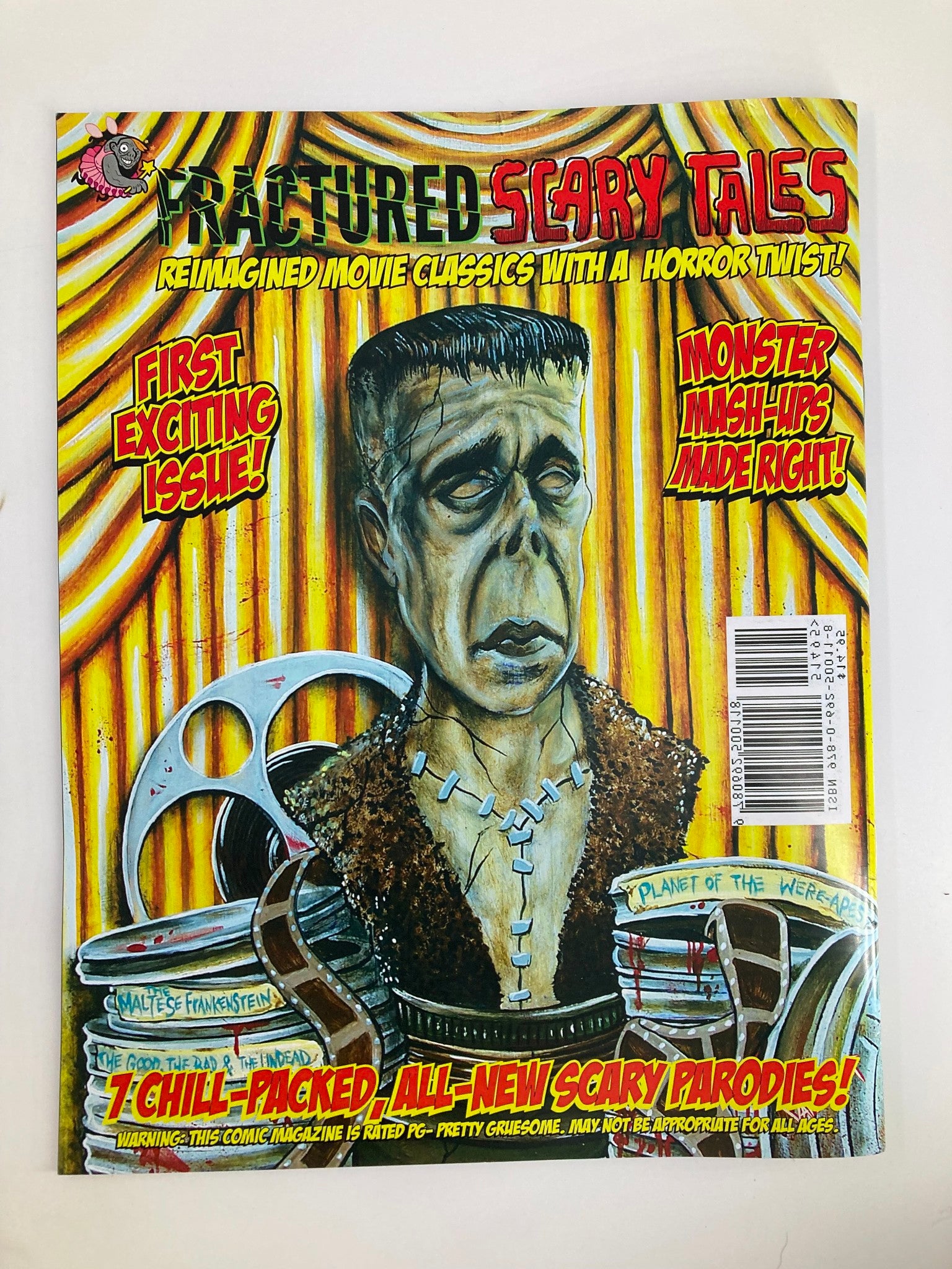 Cover of Fractured Scary Tales Vol. 1 Fall 2015 featuring a reimagined classic horror illustration with the title 'Planet of the Were-Apes'. The cover highlights a stylized representation of the character resembling Frankenstein, emphasizing the magazine's theme of horror parodies.