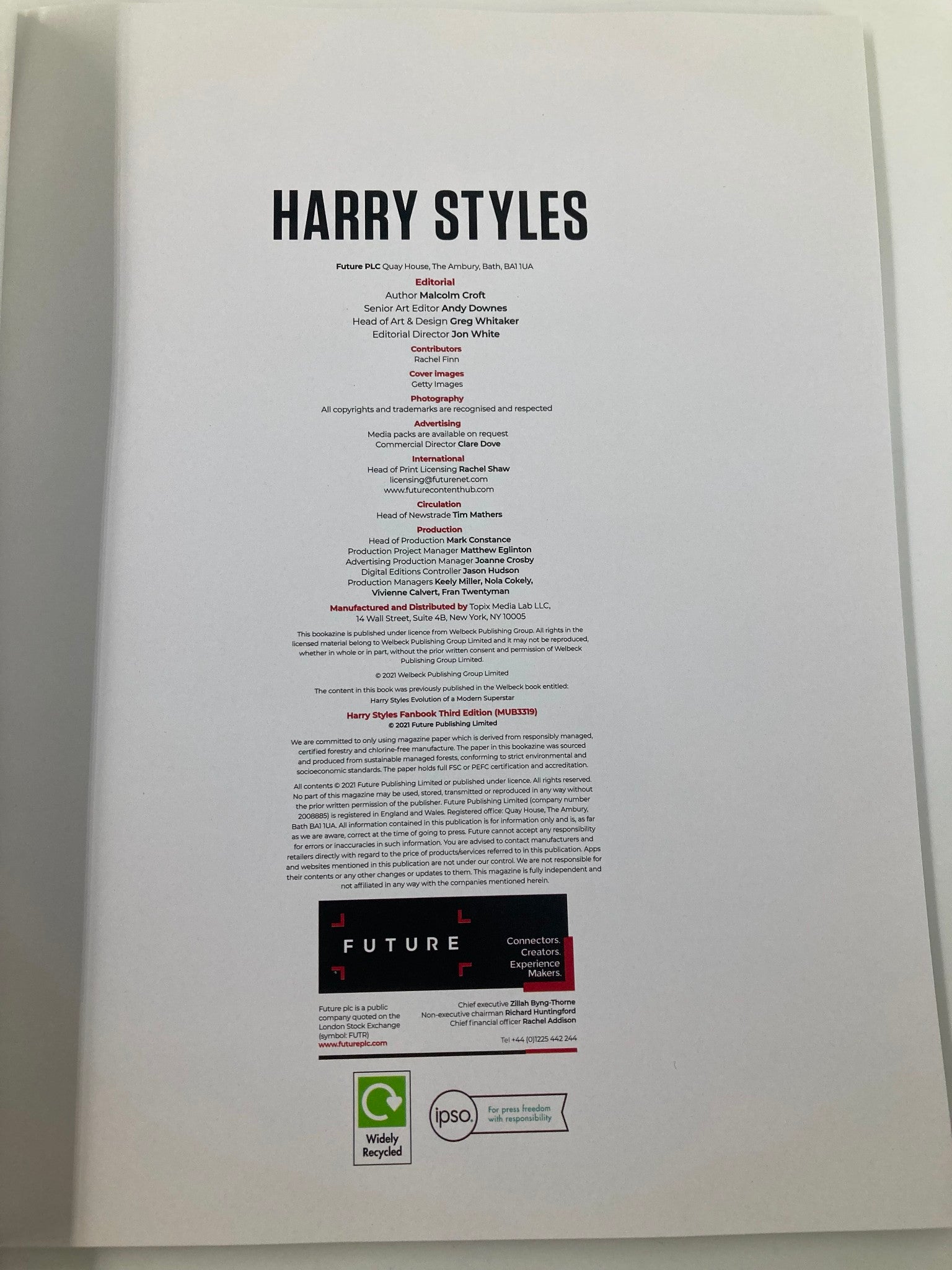 2021 The Unofficial Fanbook Collector's Edition of Harry Styles No Label VG