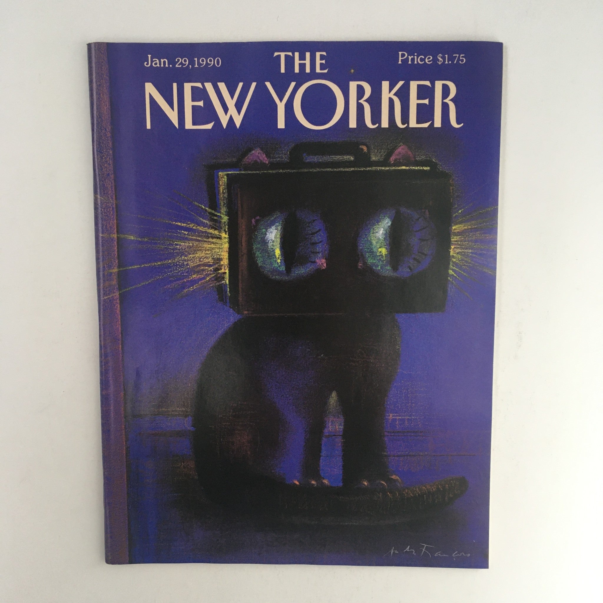 Cover of The New Yorker January 29 1990 featuring artwork by André François, depicting a cat with captivating eyes and a vintage television set.