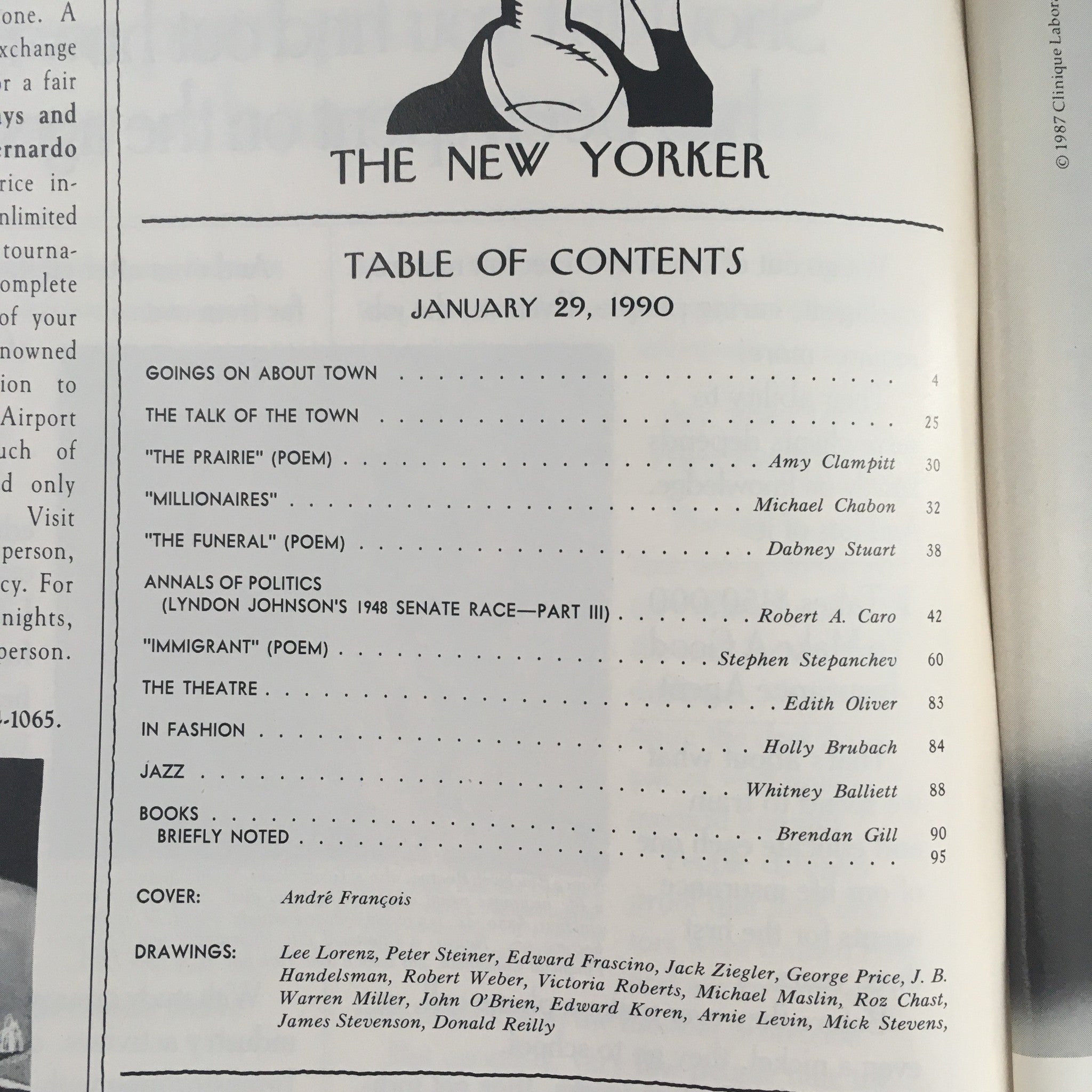 Table of contents for The New Yorker January 29 1990, listing articles and contributors, showcasing cover art by André François.
