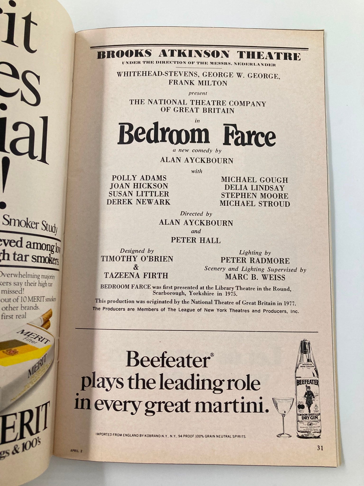 1979 Playbill Brooks Atkinson Theatre Bedroom Farce Polly Adams, Joan Hickson VG