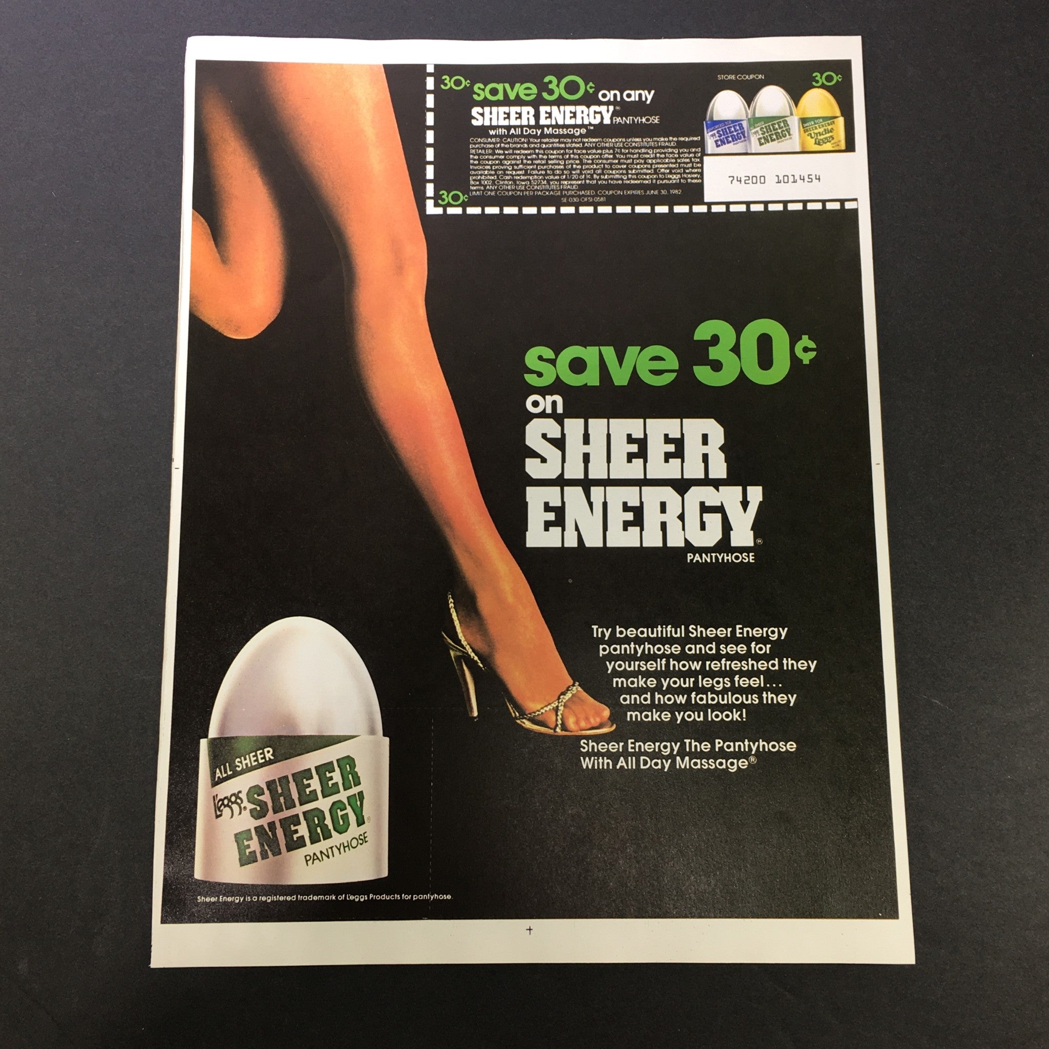 VTG 1982 Sheer Energy Pantyhose with All Day Massage 30 cents OFF Store Coupon