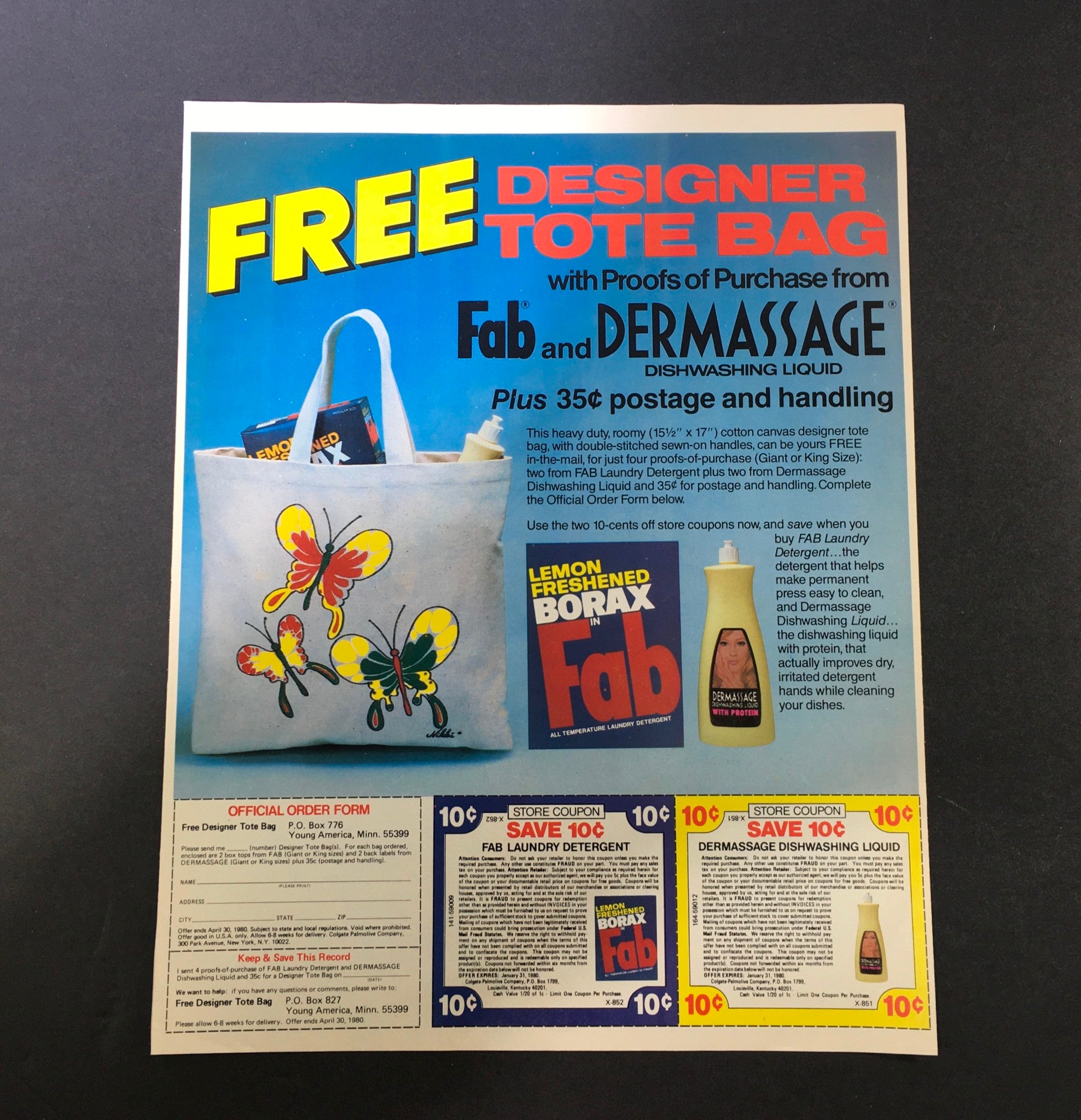 VTG 1980 Fab & Dermassage Dish-washing Liquid FREE Designer Tote Bag Ad Coupon