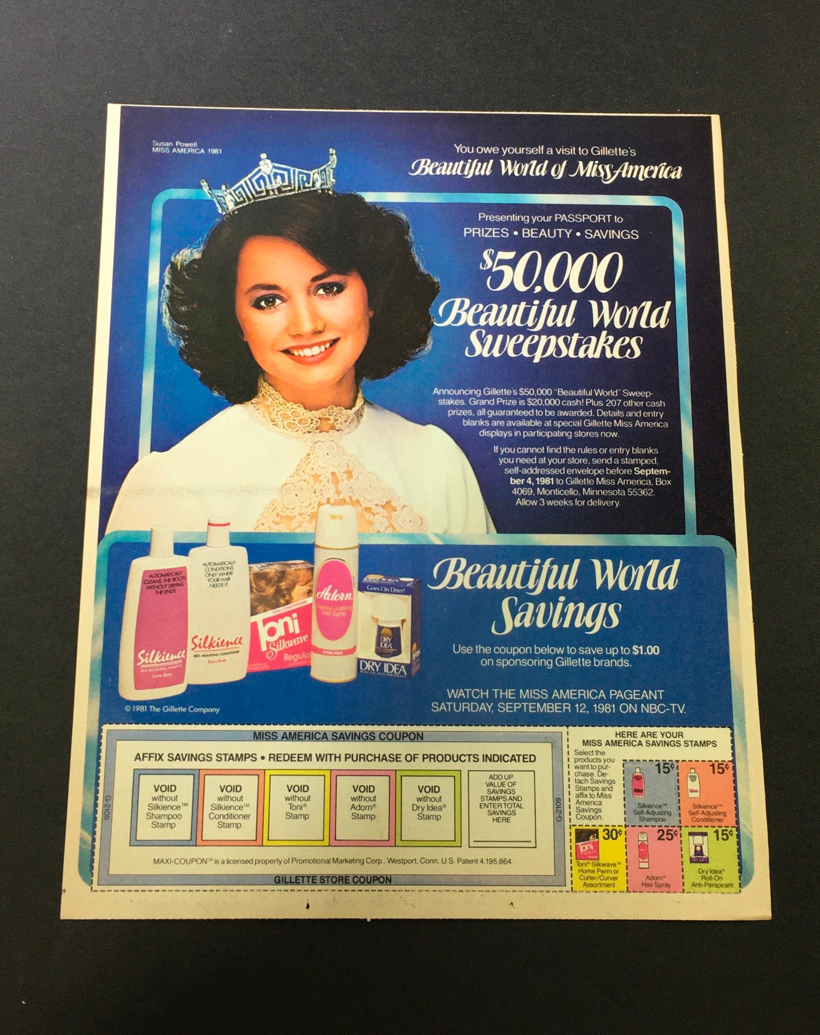 VTG 1981 The Gillette Company Brands Miss America Susan Powell Savings Ad Coupon