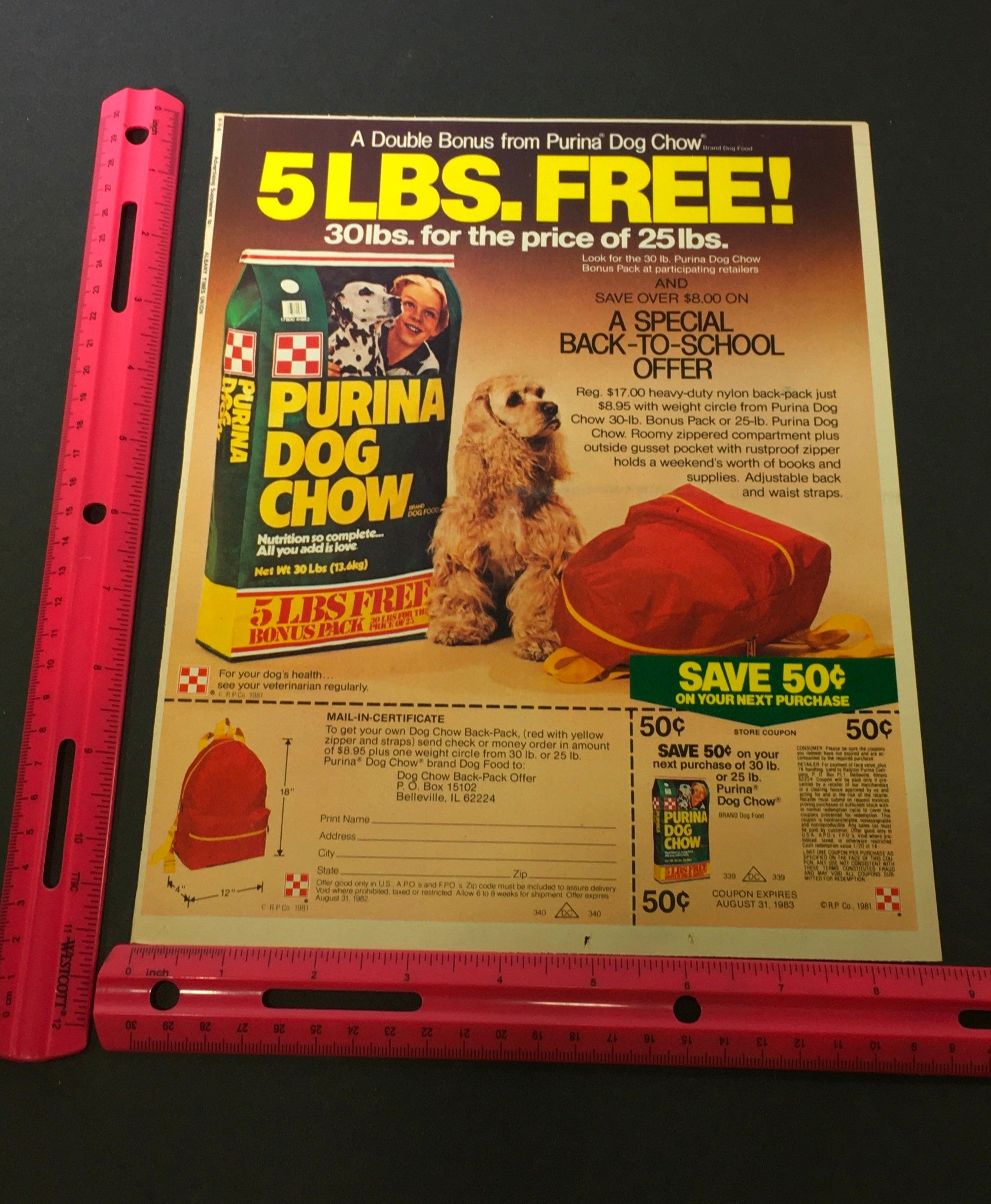 VTG 1983 Purina Dog Chow Dog Food Back-To-School Promo FREE Backpack Ad Coupon