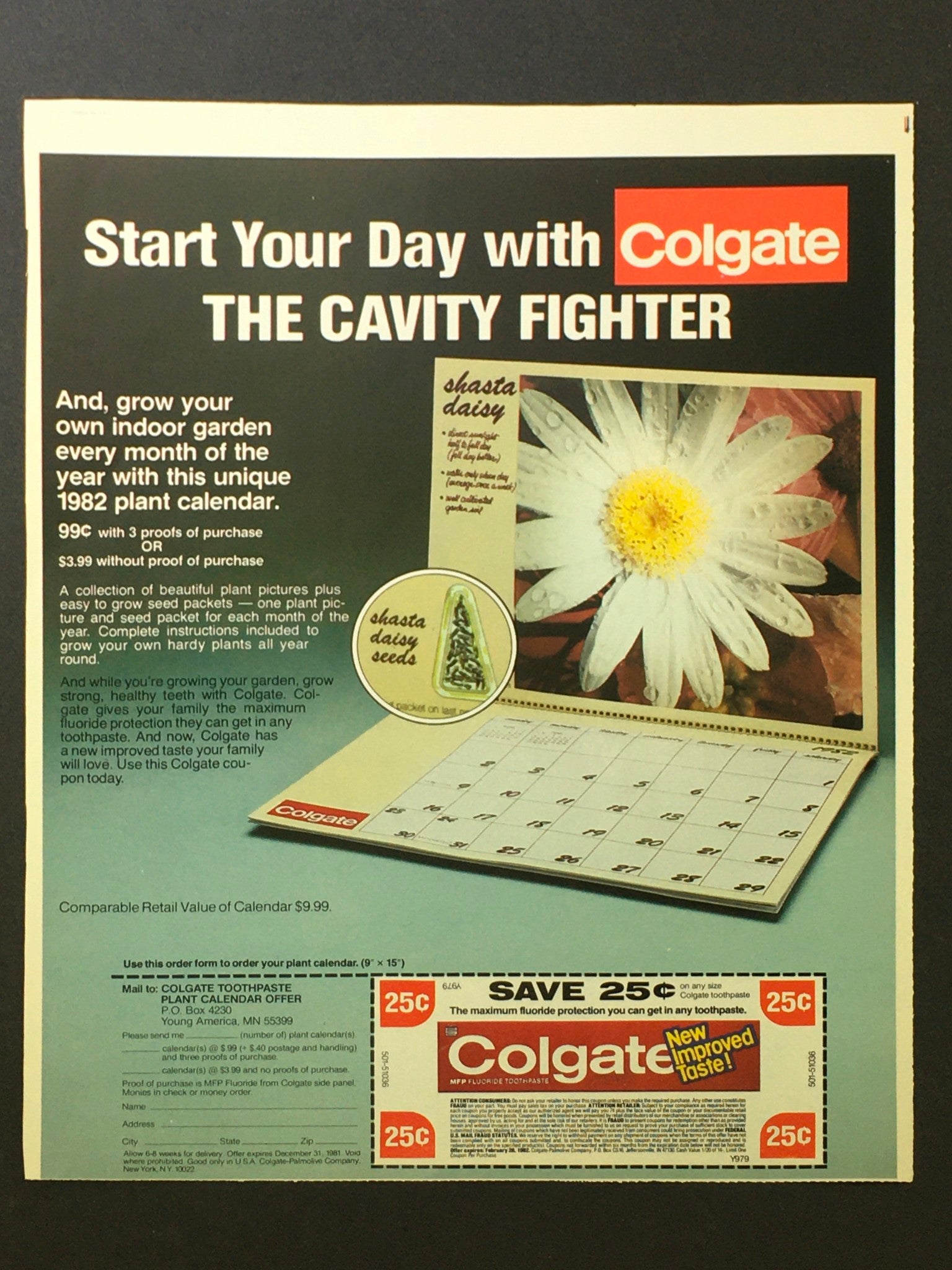 VTG 1982 Colgate The Cavity Fighter Toothpaste FREE Shasta Daisy Calendar Coupon