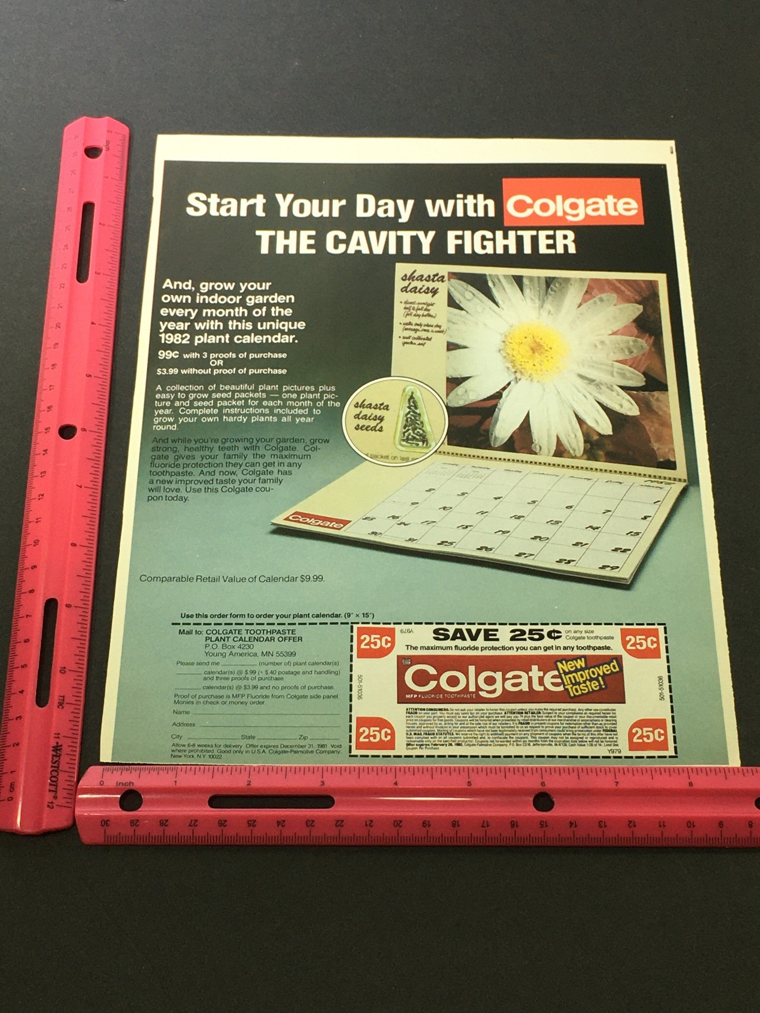 VTG 1982 Colgate The Cavity Fighter Toothpaste FREE Shasta Daisy Calendar Coupon