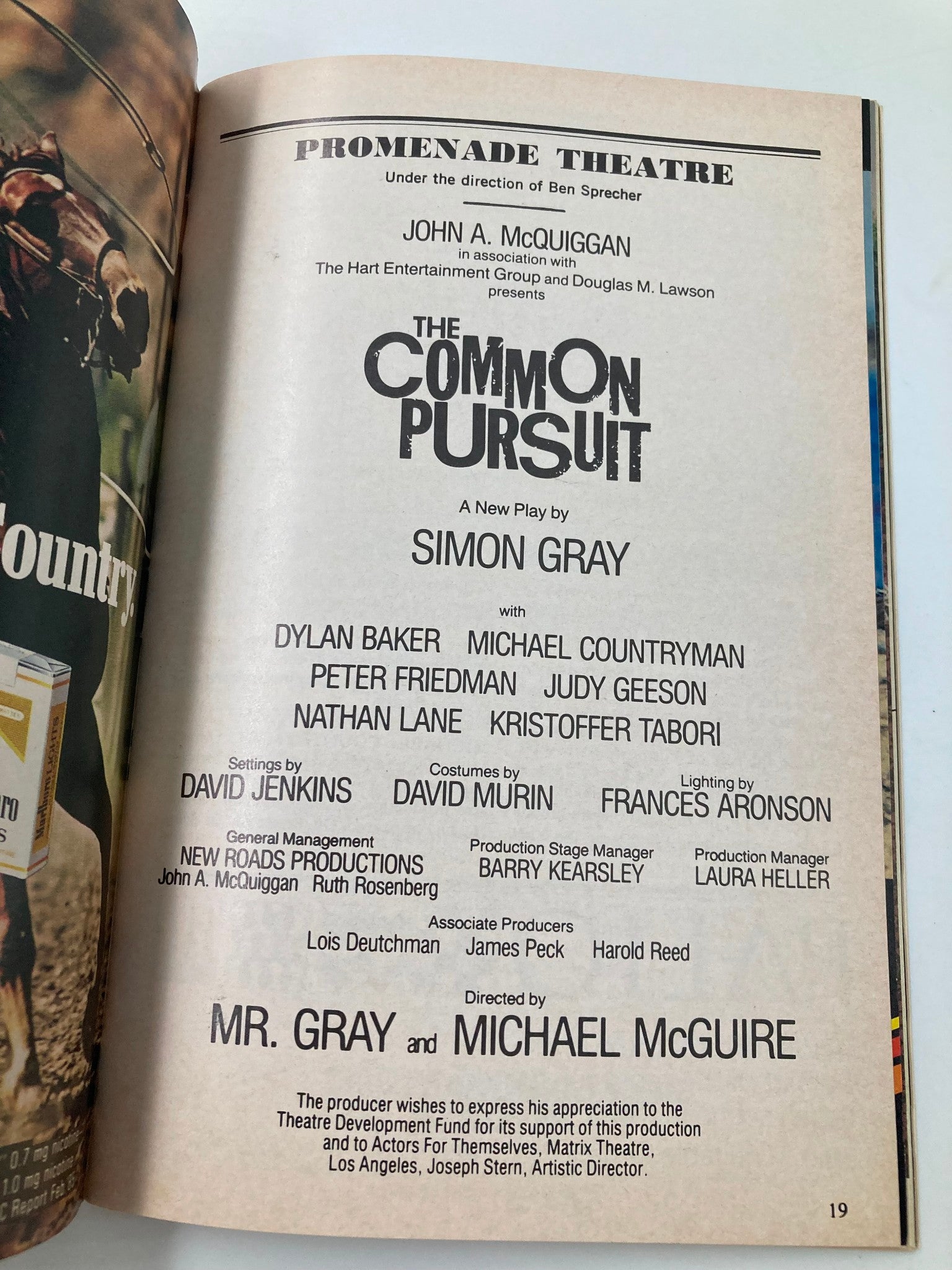 1987 Playbill Promenade Theatre The Common Pursuit Dylan Baker, Judy Geeson VG