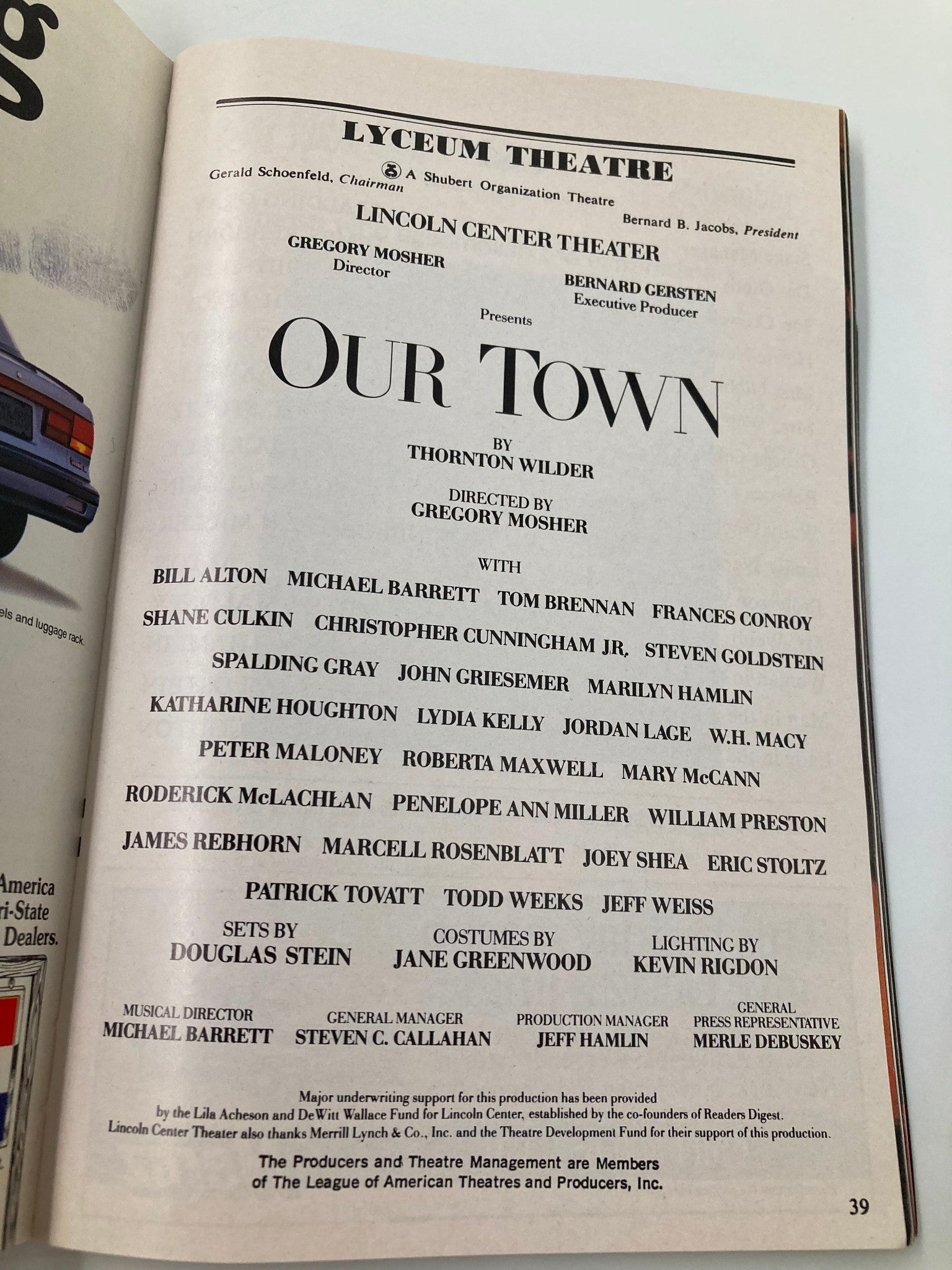 1988 Playbill Lyceum Theatre Our Town Bill Alton, Michael Barrett, Tom Brennan