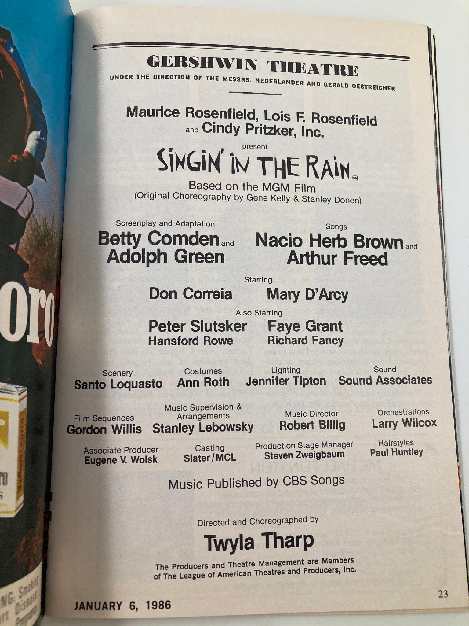 1986 Playbill Gershwin Theatre Singin' In The Rain Lois F. Rosenfield