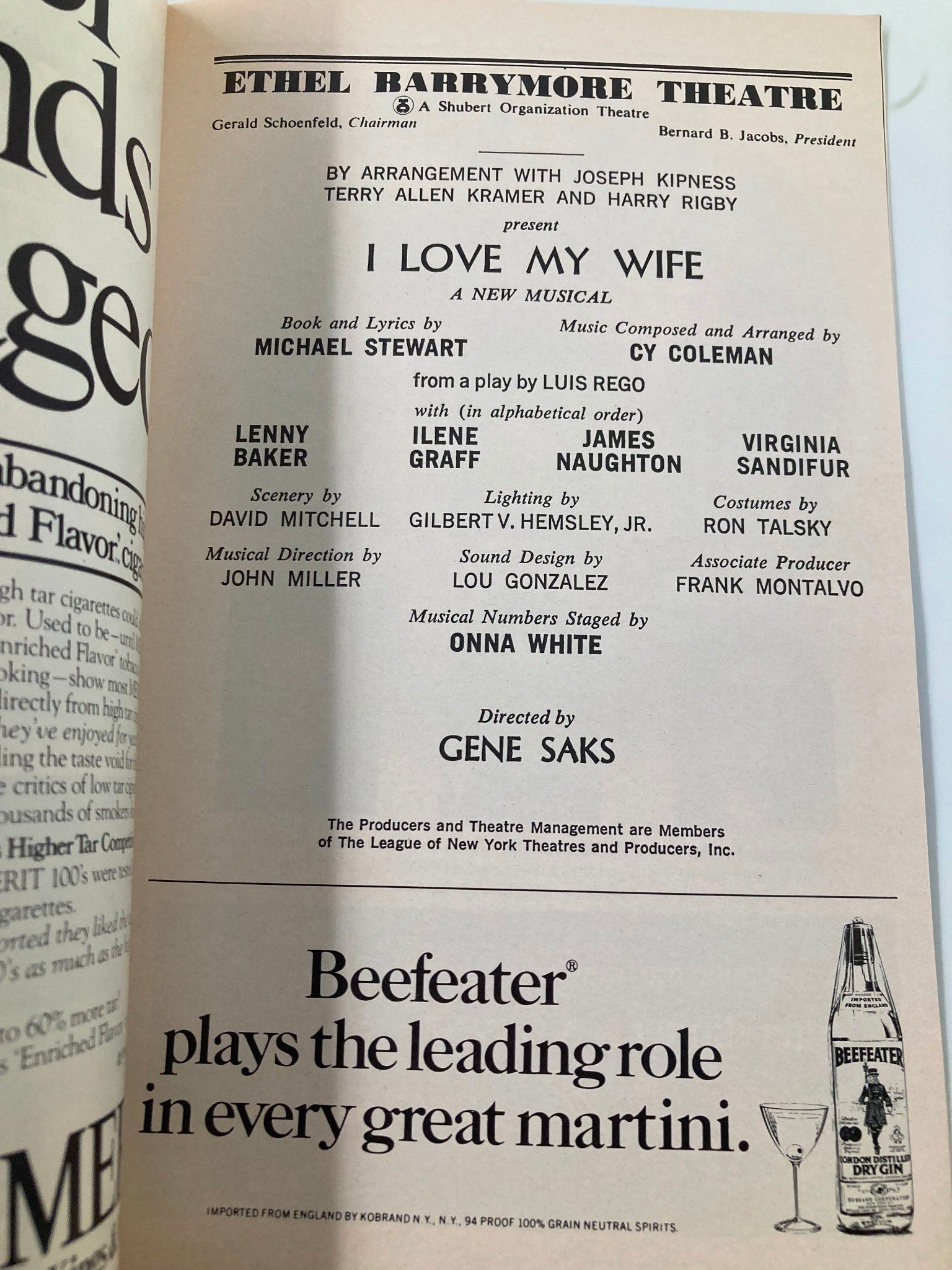 1978 Playbill Ethel Barrymore Theatre I Love My Wife Lenny Baker, Ilene Graff