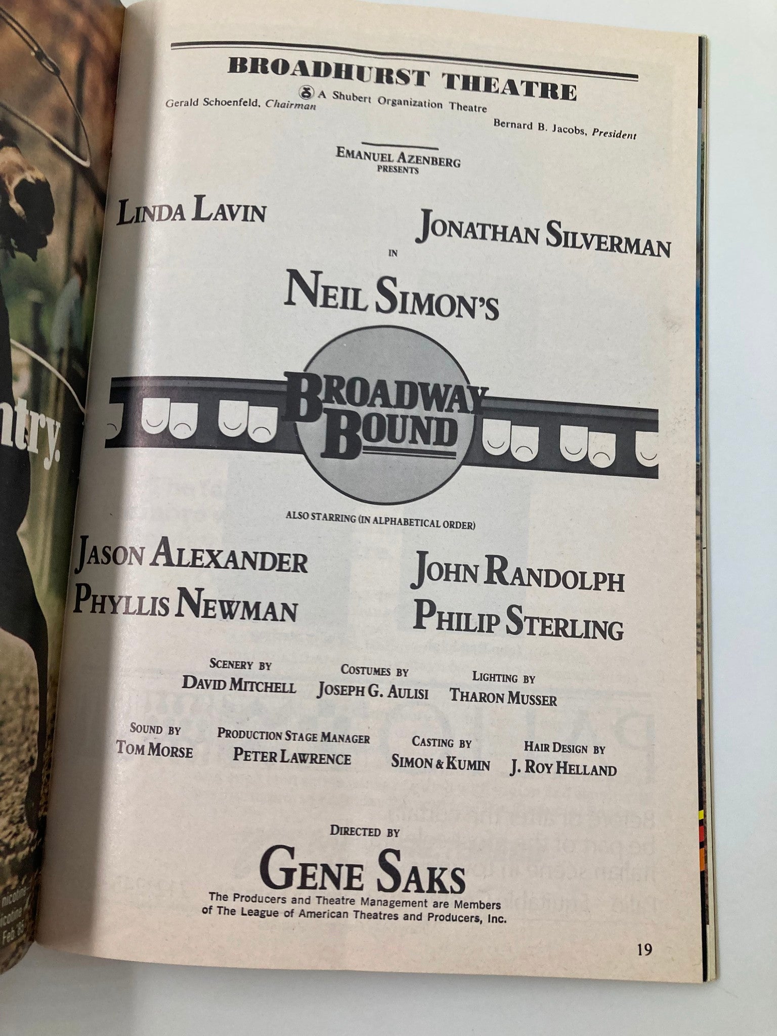 1986 Playbill Broadhurst Theatre Broadway Bound Linda Lavin Jonathan Silverman