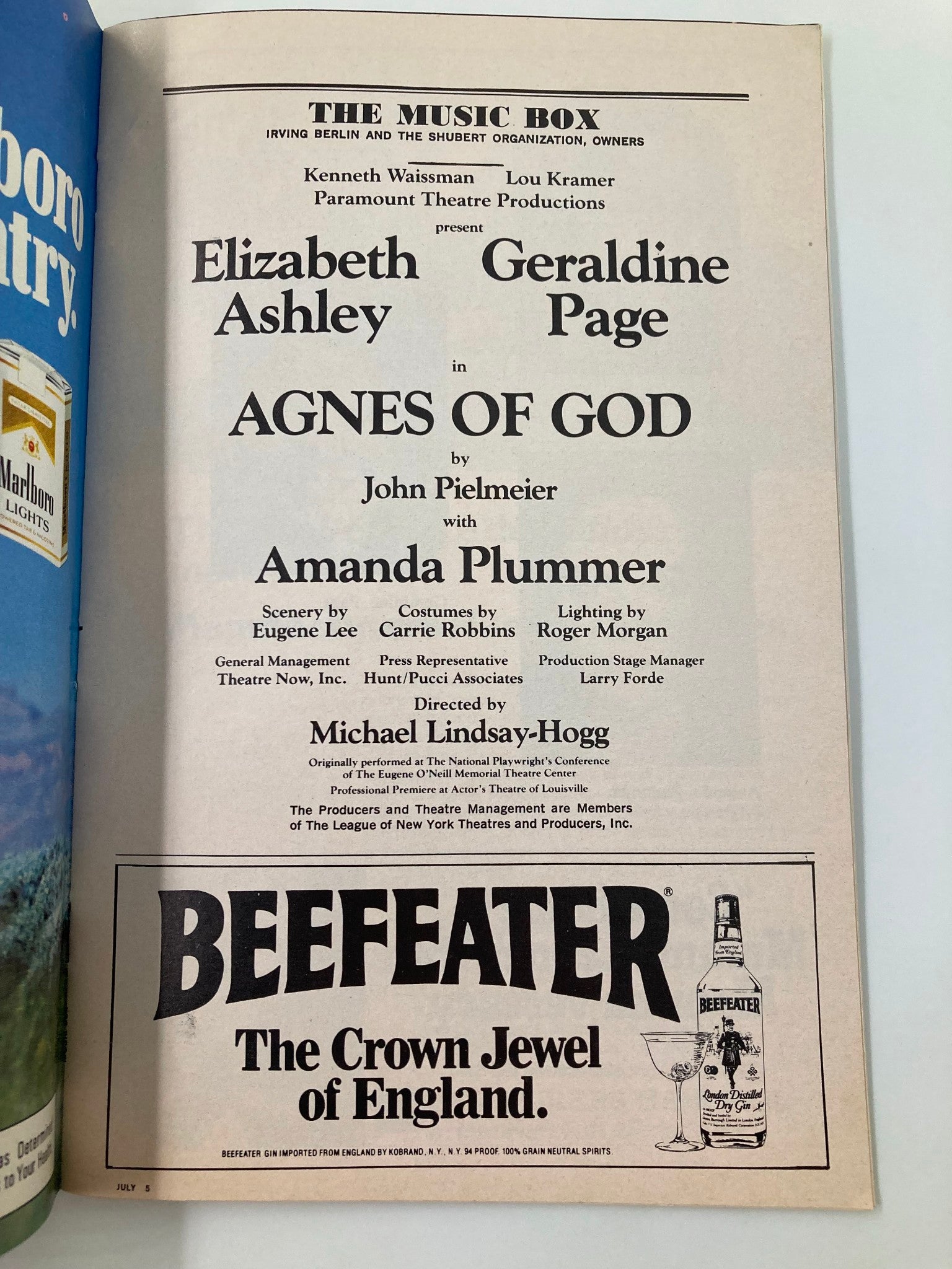 1982 Playbill The Music Box Agnes of God Elizabeth Ashley, Geraldine Page