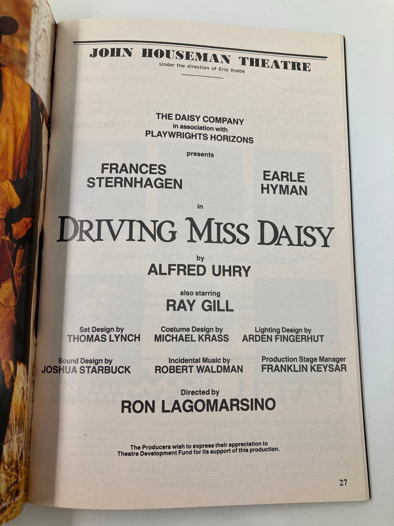 1988 Playbill John Houseman Theatre Driving Miss Daisy Frances Sternhagen