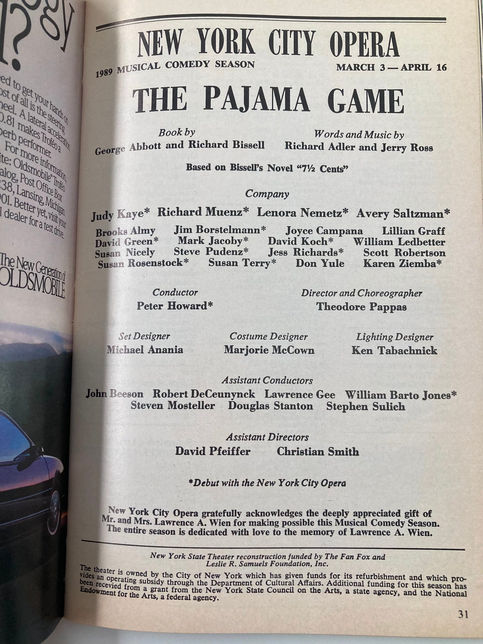 1989 New York City Opera The Pajama Game Judy Kaye, Richard Muenz, David Green