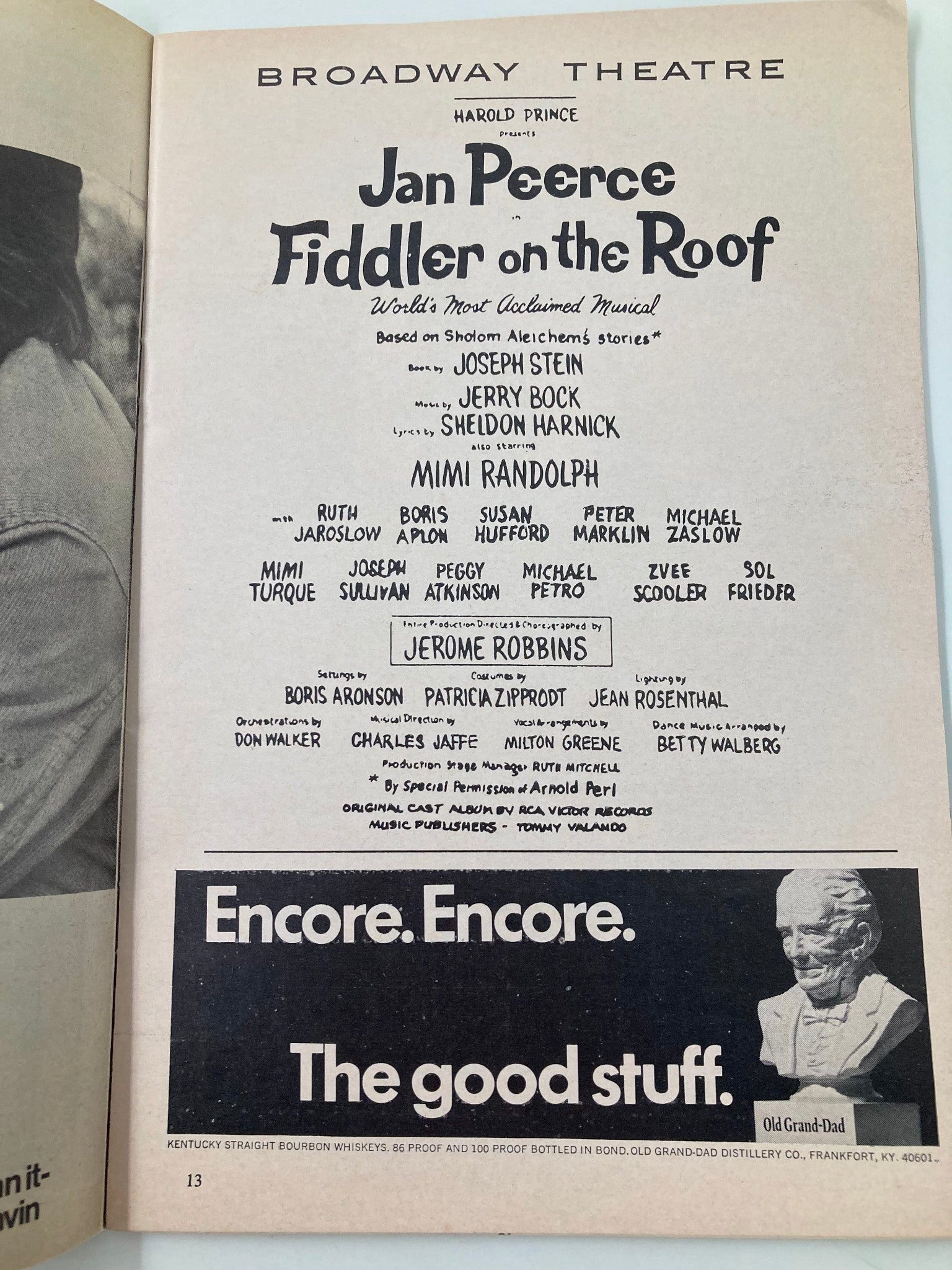 1972 Playbill Broadway Theatre Fiddler on the Roof Jan Peerce, Mimi Randolph