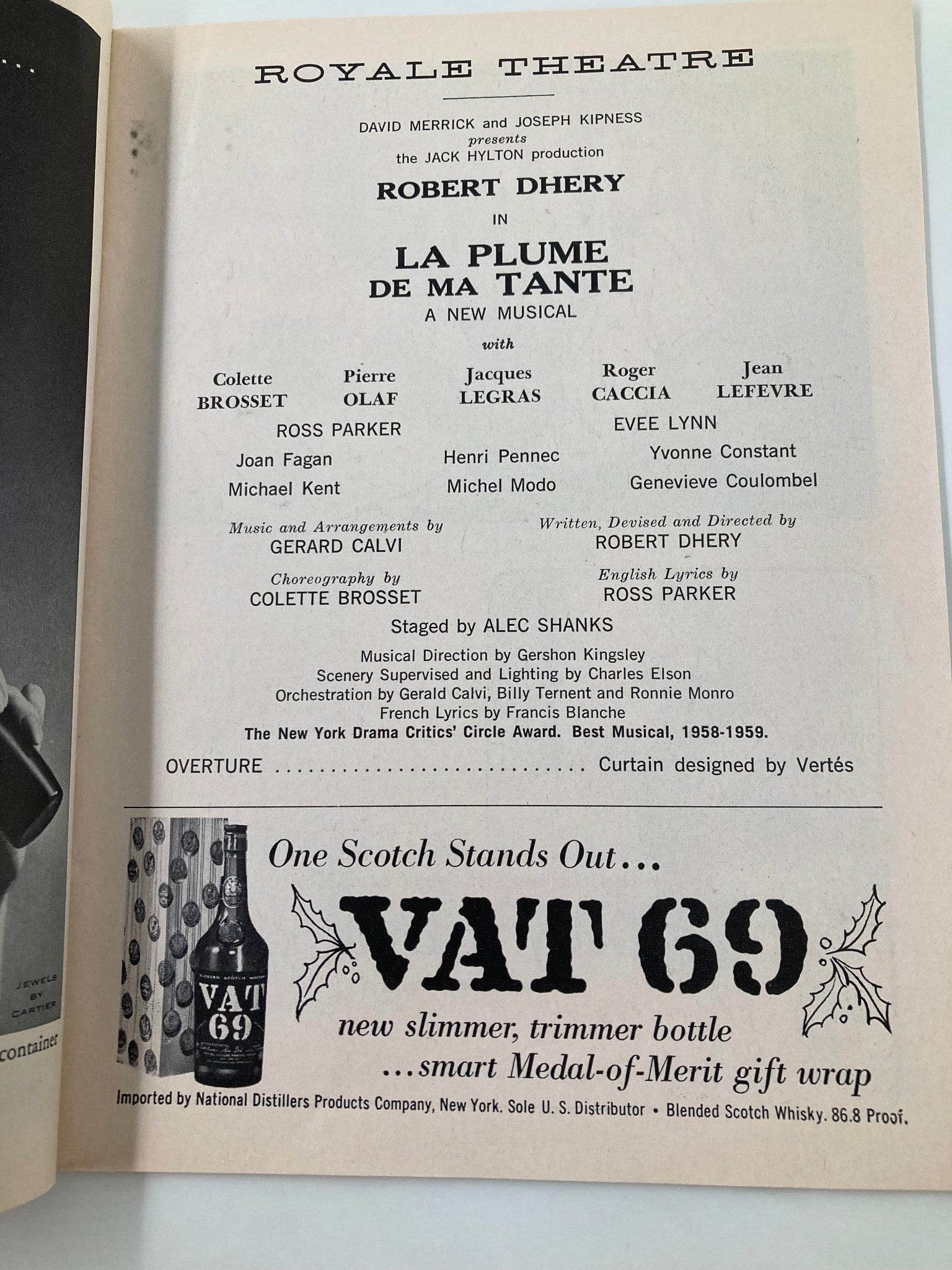 1959 Playbill Royale Theatre La Plume De Ma Tante Colette Brosset, Pierre Olaf