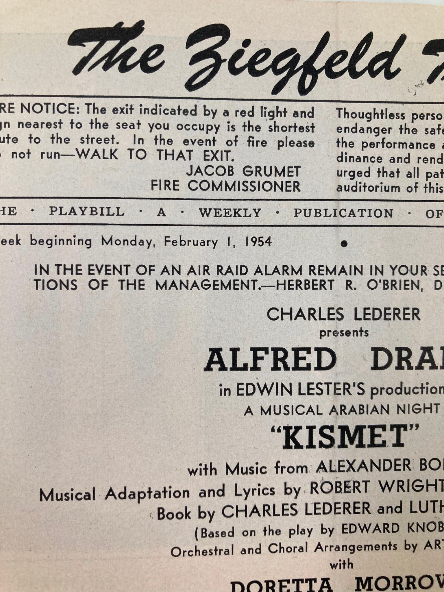 1954 Playbill The Ziegfield Theatre Kismet Alfred Drake, Doretta Morrow