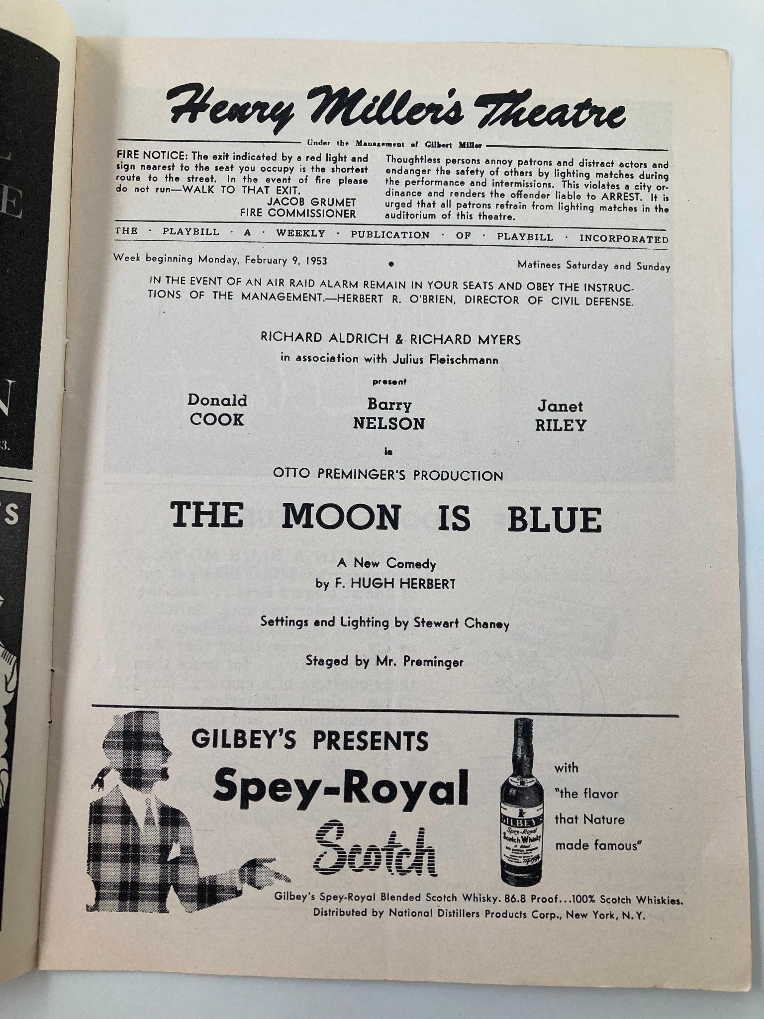 1953 Playbill Henry Miller's Theatre The Moon Is Blue Donald Cook, Barry Nelson