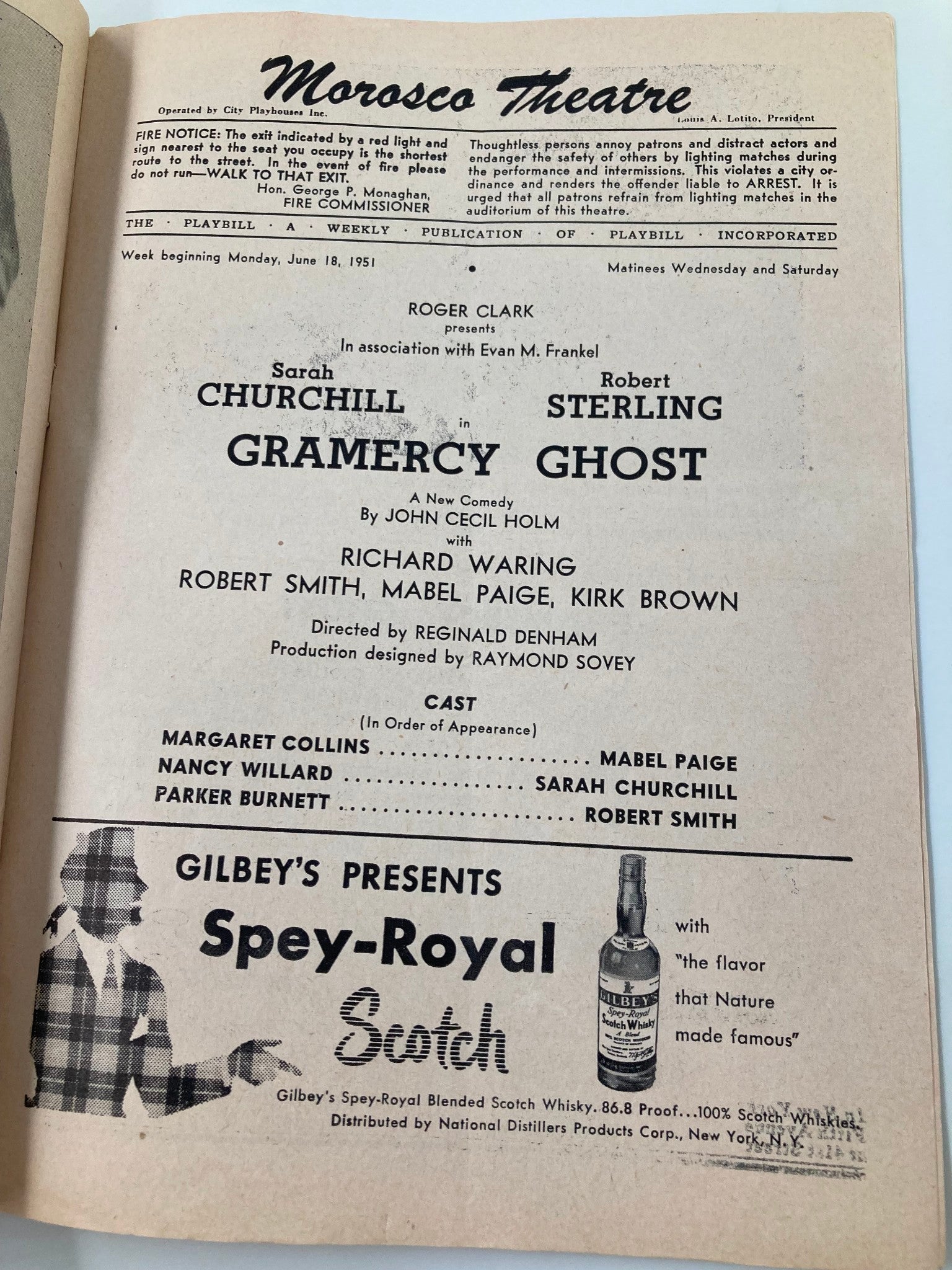 1951 Playbill Morosco Theatre Gramercy Ghost Sarah Churchill, Robert Sterling