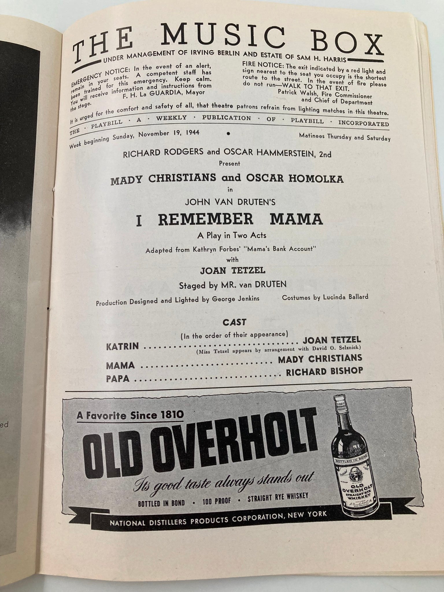 1944 Playbill The Music Box I Remember Mama Mady Christians, Oscar Homolka