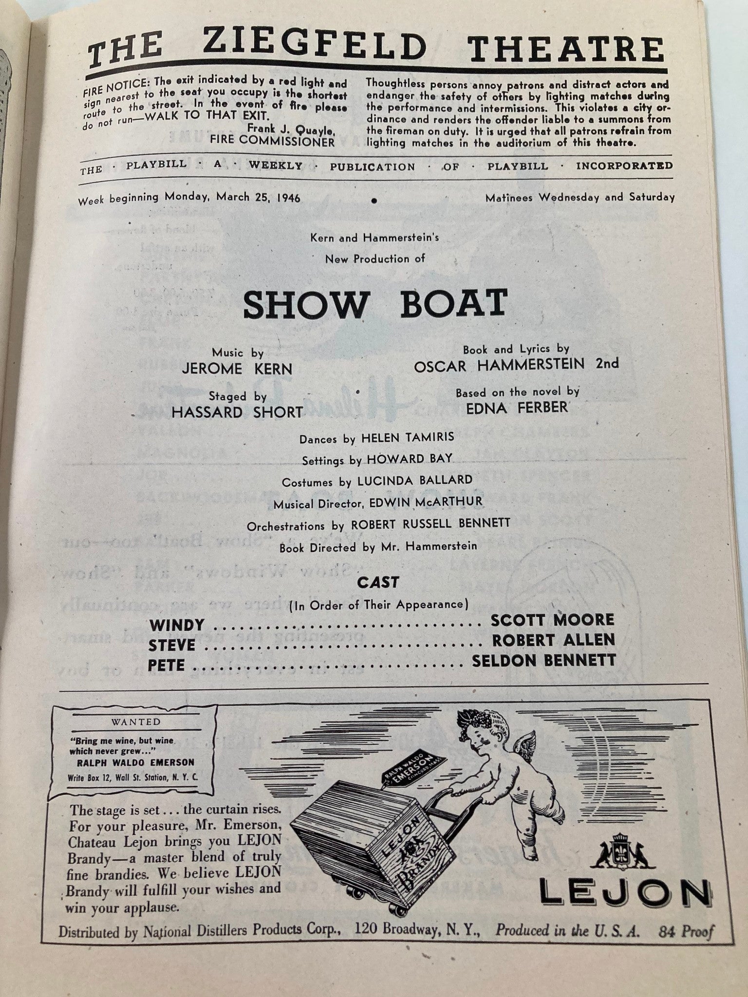 1946 Playbill The Ziegfeld Theatre Show Boat Scott Moore, Robert Allen