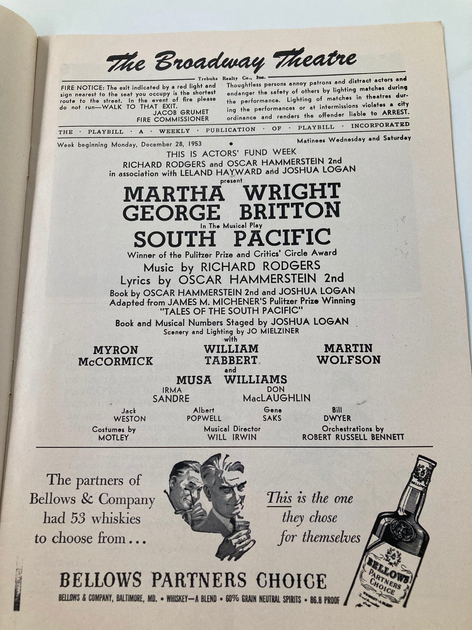 1953 Playbill The Broadway Theatre South Pacific Martha Wright, George Britton