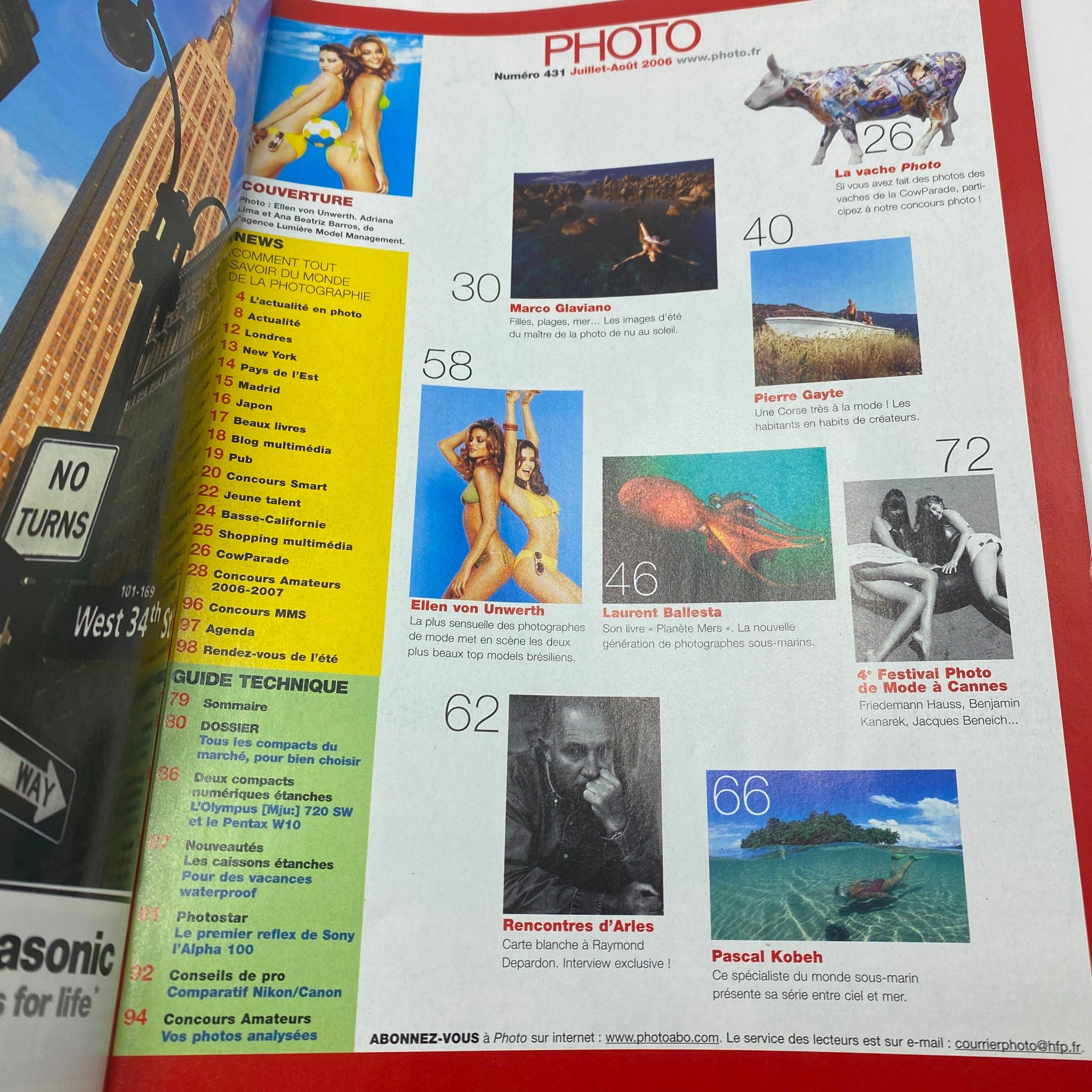 Inside page of Photo France July 2006 No. 431 showing a table of contents with various features including Ellen von Unwerth, Pierre Gayte, and photographic festivals.