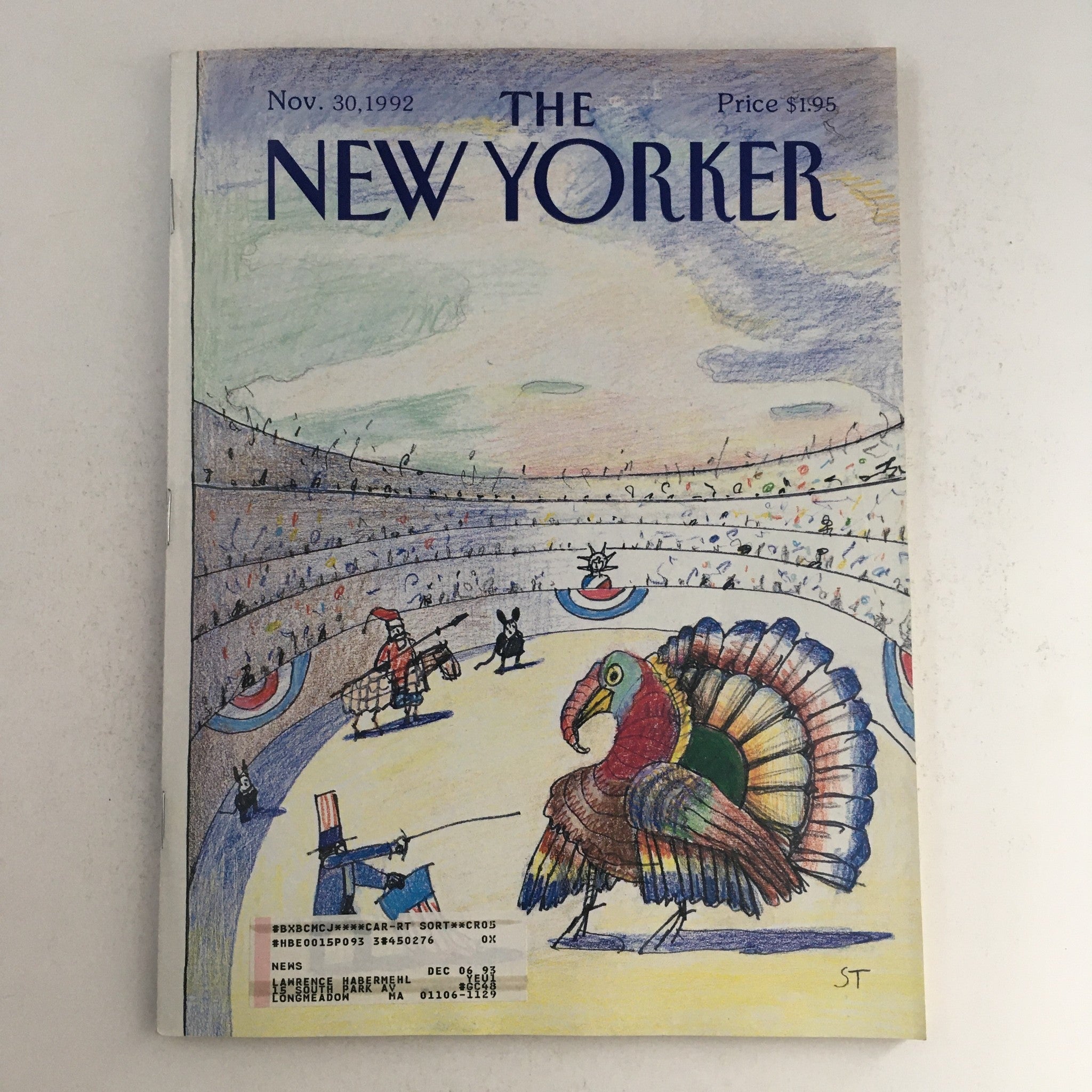 The New Yorker November 30 1992 Full Magazine Theme Cover by Saul Steinberg VG