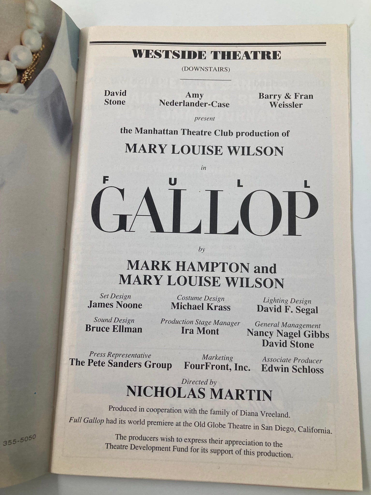 1997 Playbill Westside Theatre Full Gallop David Stone, Amy Nederland-Case