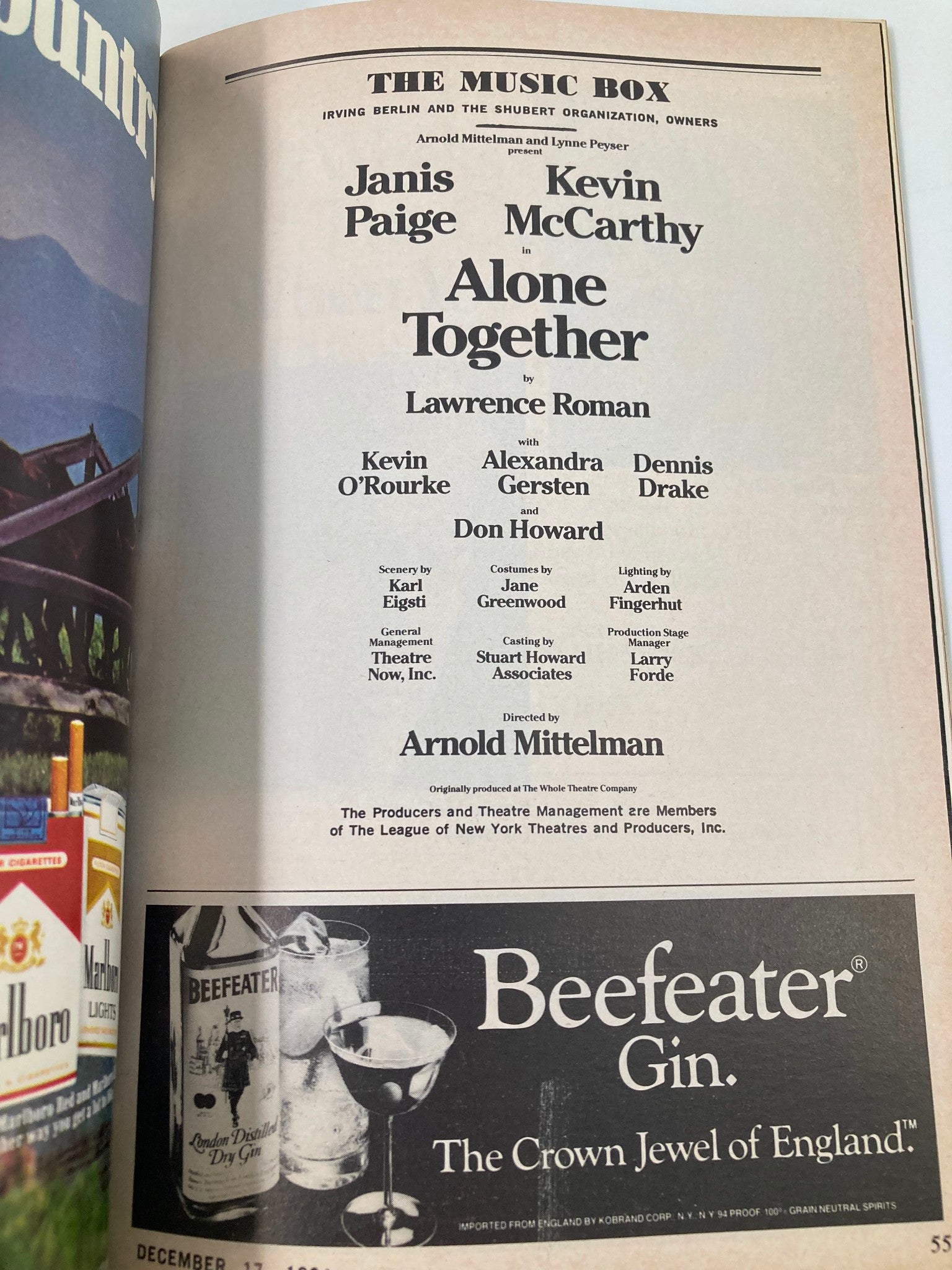 1984 Playbill The Music Box Alone Together Janis Paige, Kevin McCarthy