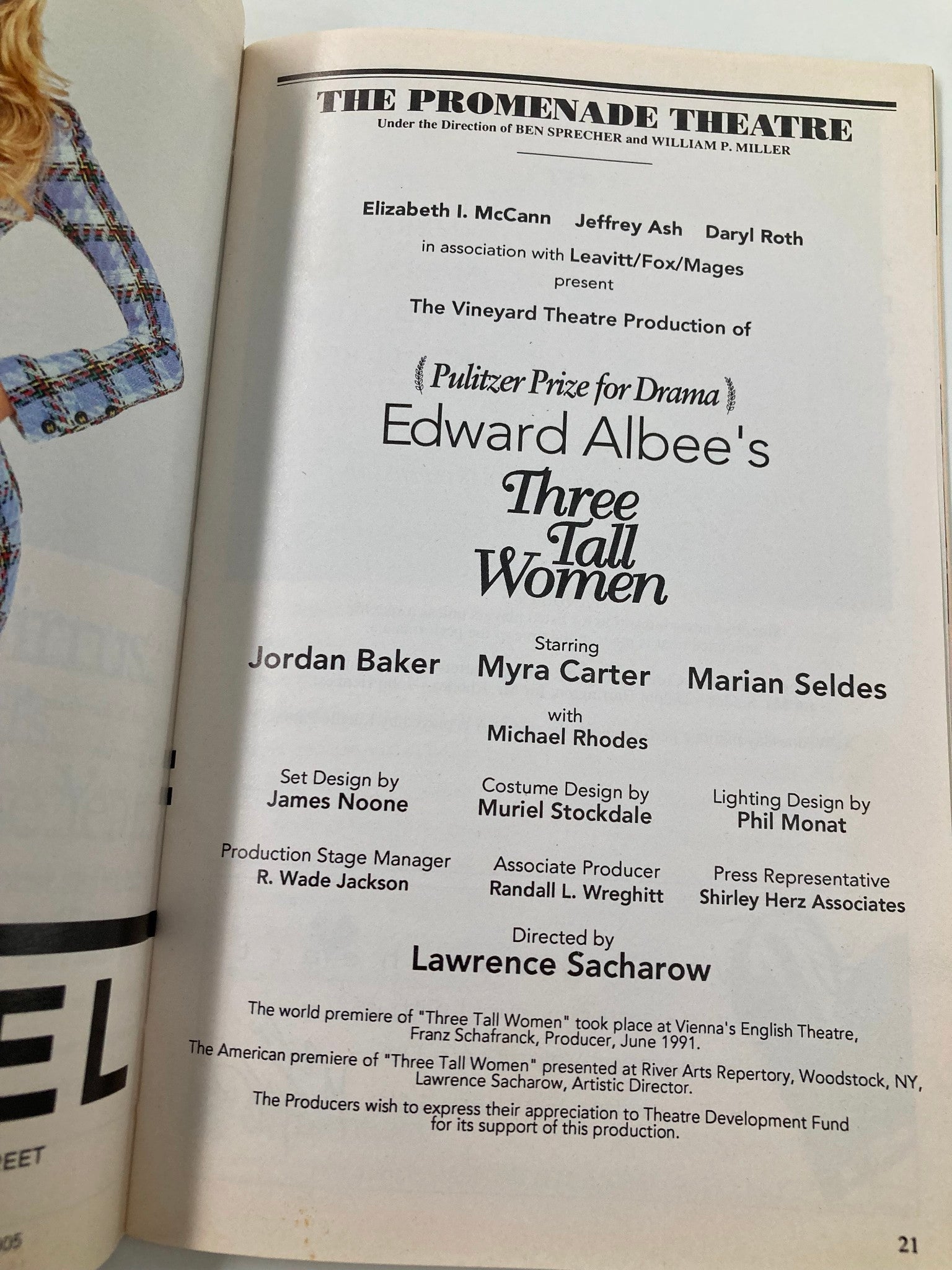 1995 Playbill The Promenade Theatre Three Tall Women Jordan Baker, Myra Carter